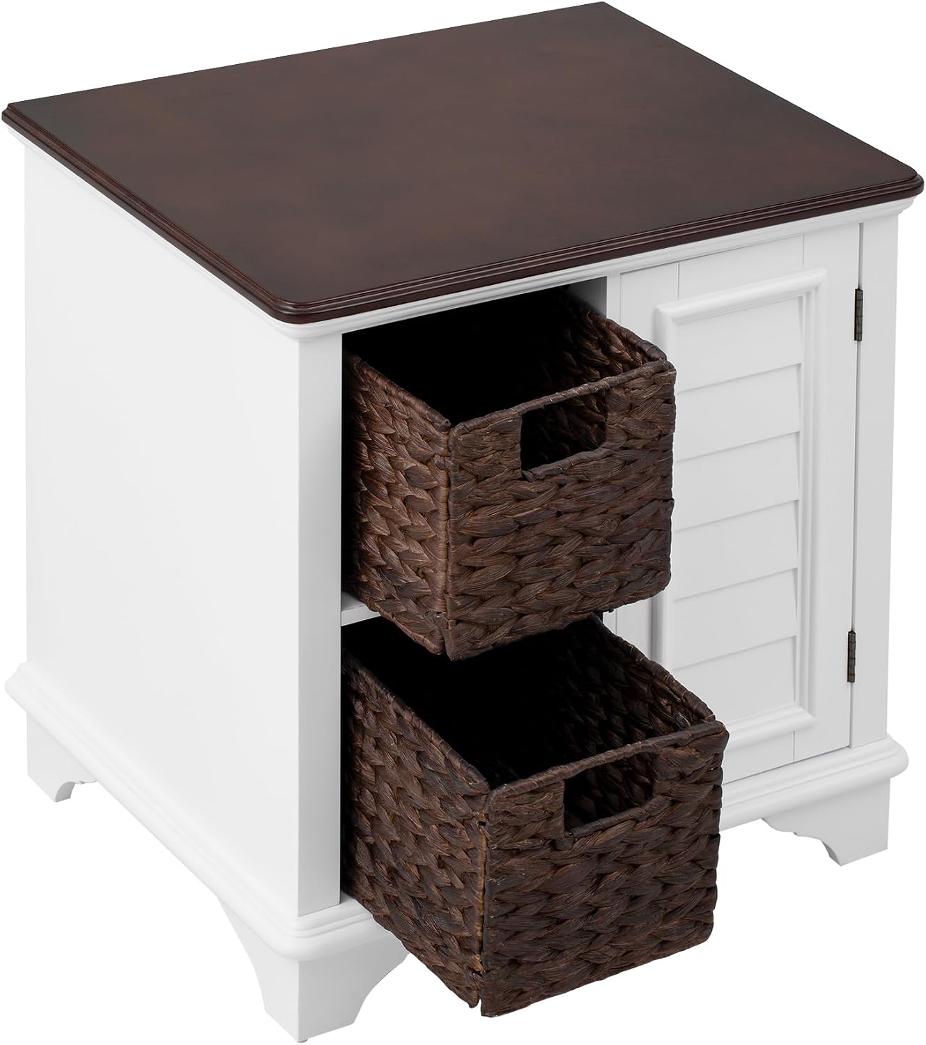 Multifunctional End Table Side Table with a Shutter Style Door and 2 Woven Grass Baskets, Sofa Side Narrow Table, Wood Bedside Nightstand for Living Room Bedroom (White-4.7)