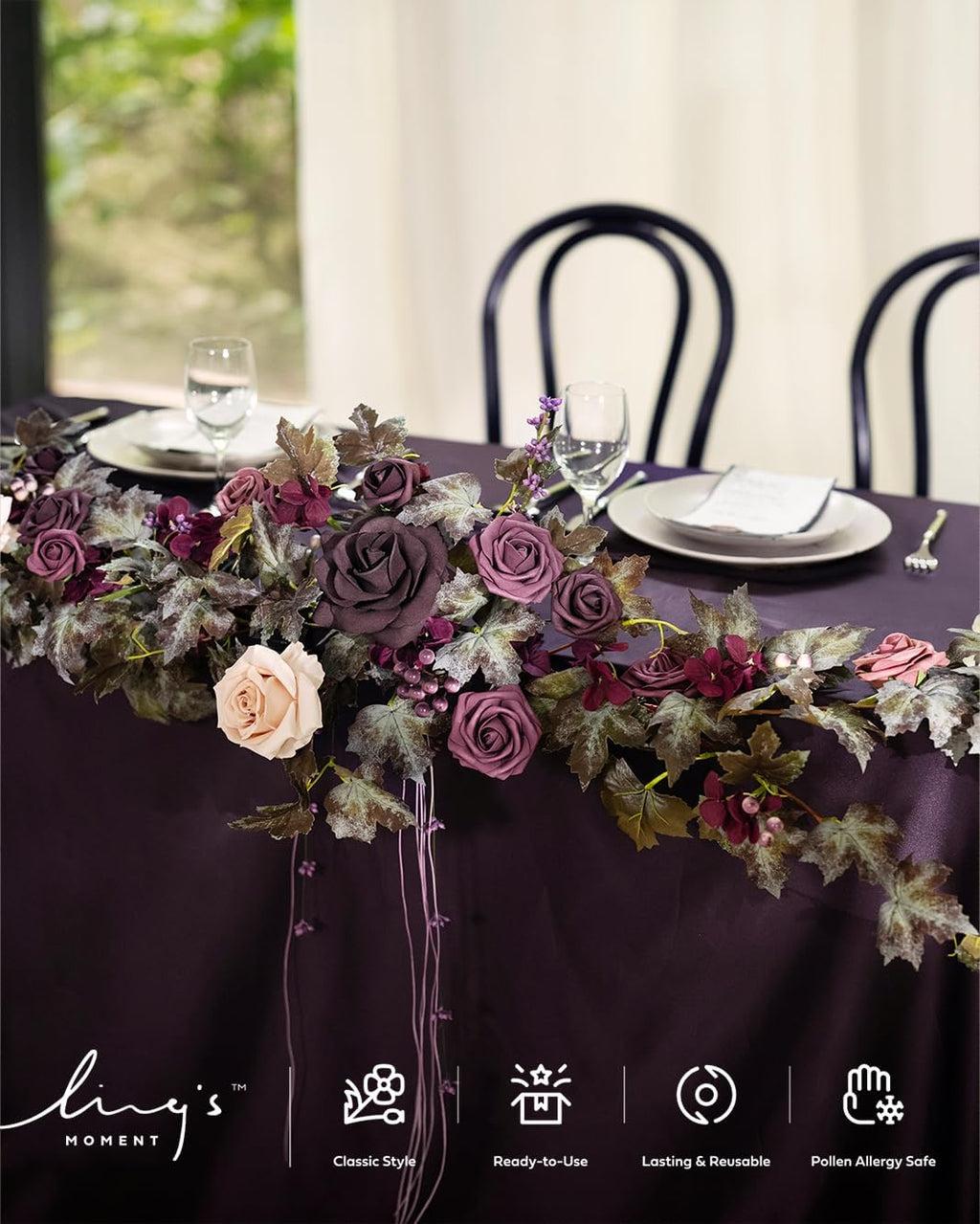 Ling's moment 9FT Flower Garland for Backdrop Decorations - Wedding Arch Flowers, Eucalyptus & Rose, Artificial Floral Garland for Mantle - Sweetheart Table Decor for Beach Reception, Purple