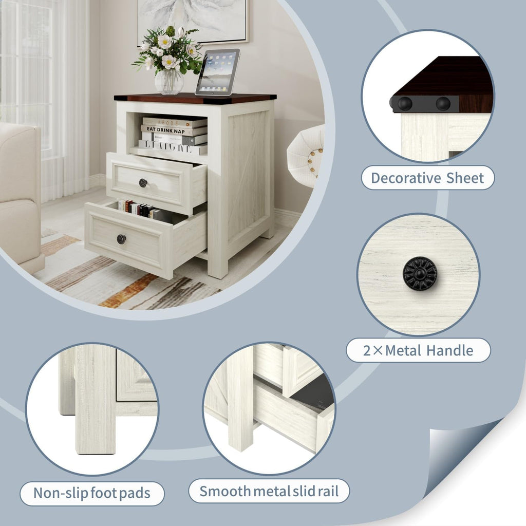 MUUEGM Farmhouse End Table with Charging Station, Side Table for Living Room, Sofa Side Table with Drawers and Storage Cabinet, Night Stand for Bedroom, White, Set of 2