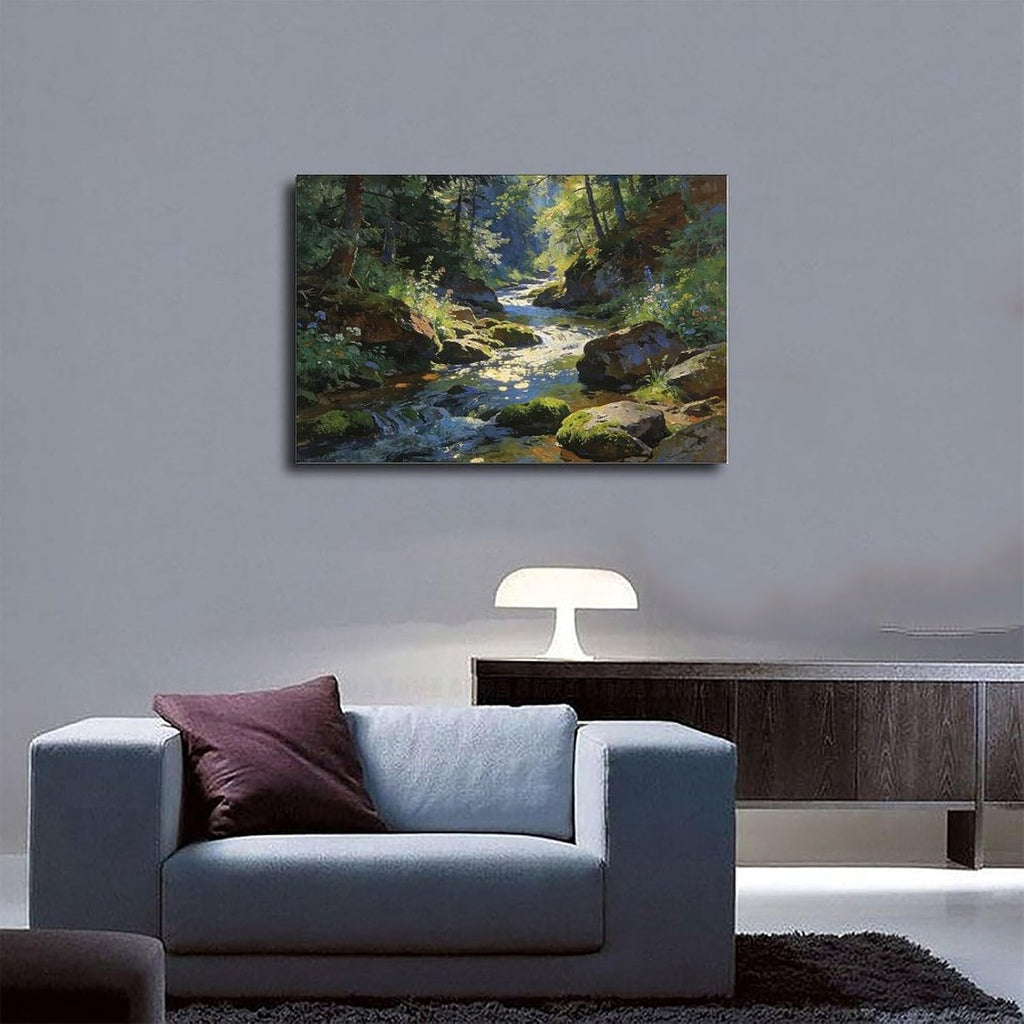 Forest Stream Wall Art Print, Sunlit Woodland Creek And Mossy Rocks Landscape Painting, Nature Poster for Living Room Bedroom Cabin Decor 24x36inch(60x90cm)