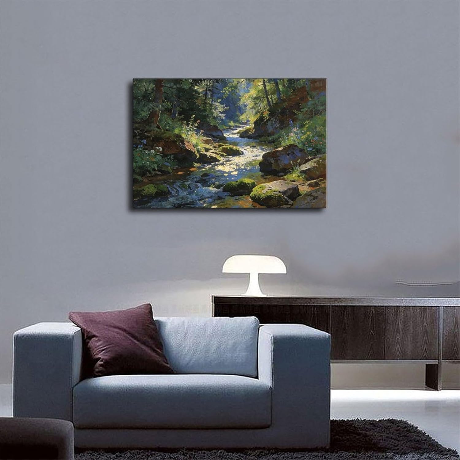 Forest Stream Wall Art Print, Sunlit Woodland Creek And Mossy Rocks Landscape Painting, Nature Poster for Living Room Bedroom Cabin Decor 24x36inch(60x90cm)