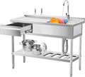 304 Stainless Steel Utility Sink – Free Standing Single Bowl with Workbench, Storage Drawer & Faucet, Hot and Cold Water Pipes for Laundry Room, Farmhouse, Outdoor Use (Left Drawer 47'' Sink)