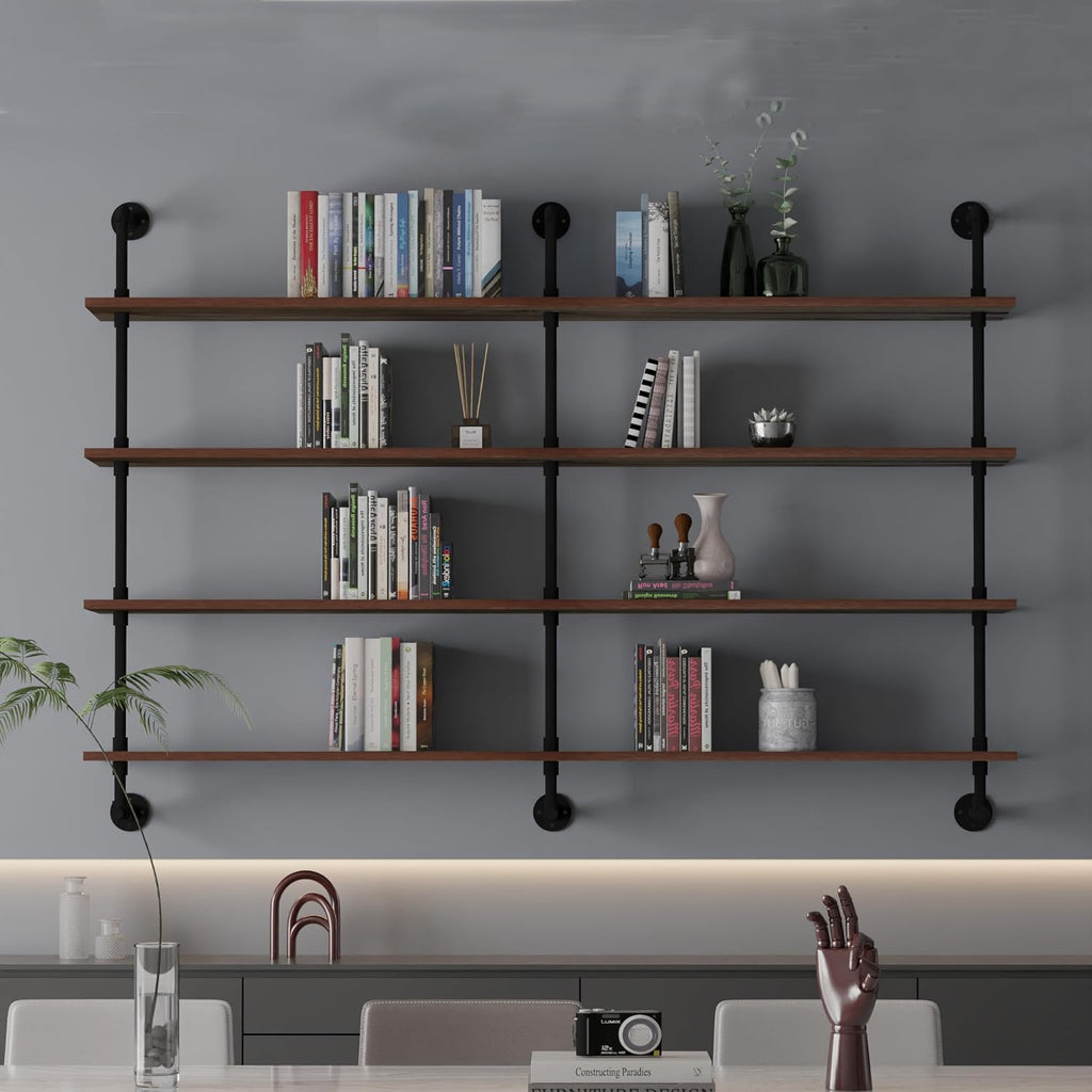 Industrial Pipe Wall Shelves Pipe Shelving with Real Wood Plank ,60 Inches Floating Shelves for Wall Farmhouse Pipe Book Shelves Dark Brown 4 Tier for Kitchen,Living Room Decor and Bar Shelving