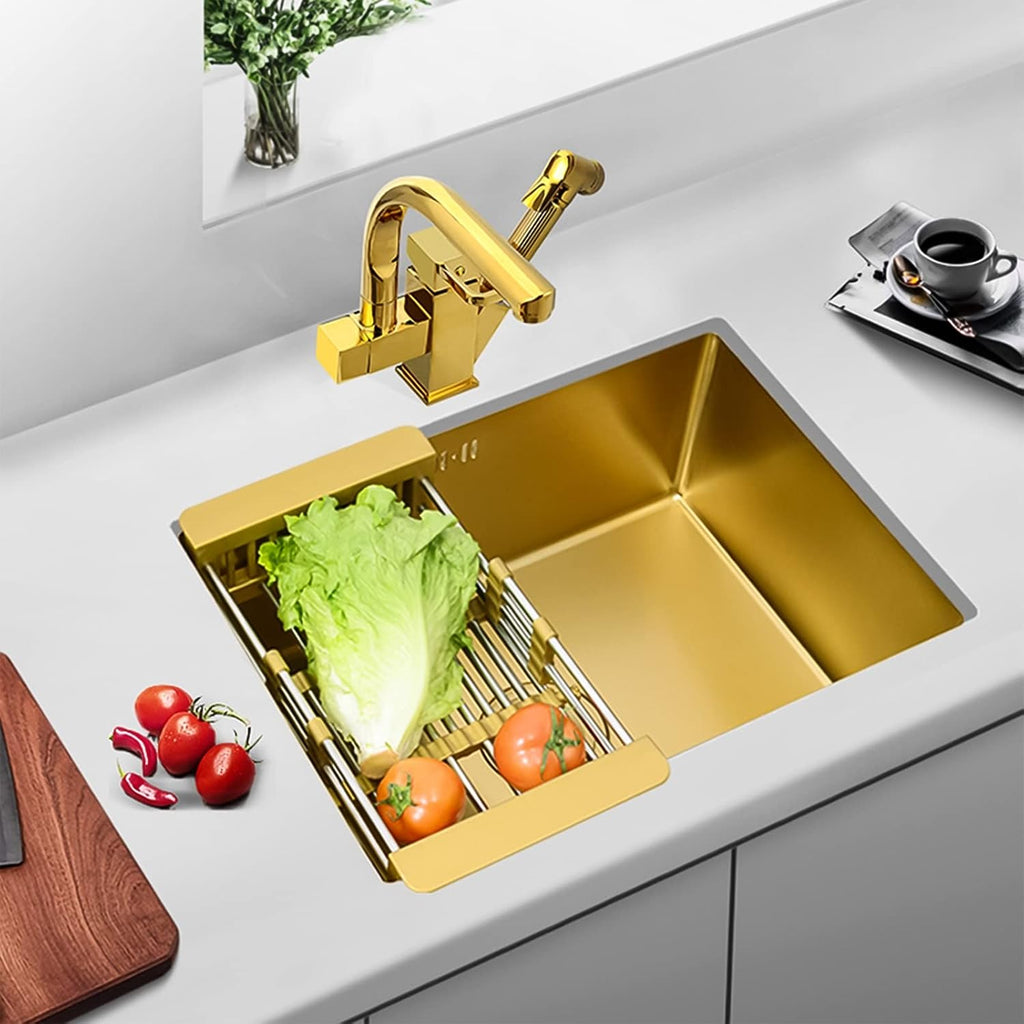 Gold 304 Stainless Steel Kitchen Sink,Single Bowl Sink with Gold Drainer Suitable for Bathroom,Bar,Restaurant (Gold-45x40x21cm