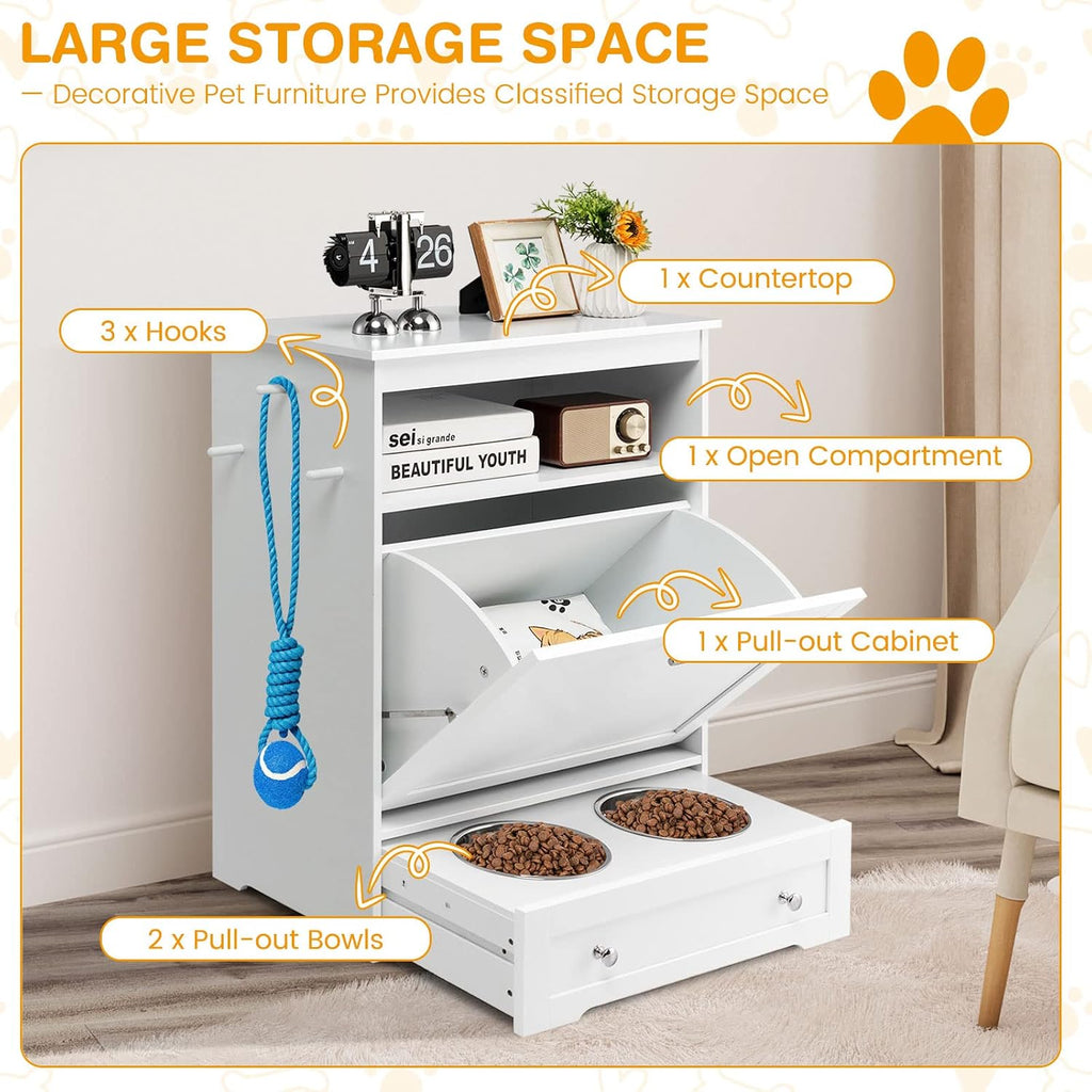 Tangkula Pet Feeder Station, Dog Food Storage Container with Double Pull Out Dog Bowls, Pet Food Toy Organizer Cabinet, Pet Feeding Station Furniture for Dogs Cats Feeding & Watering Supplies (White)