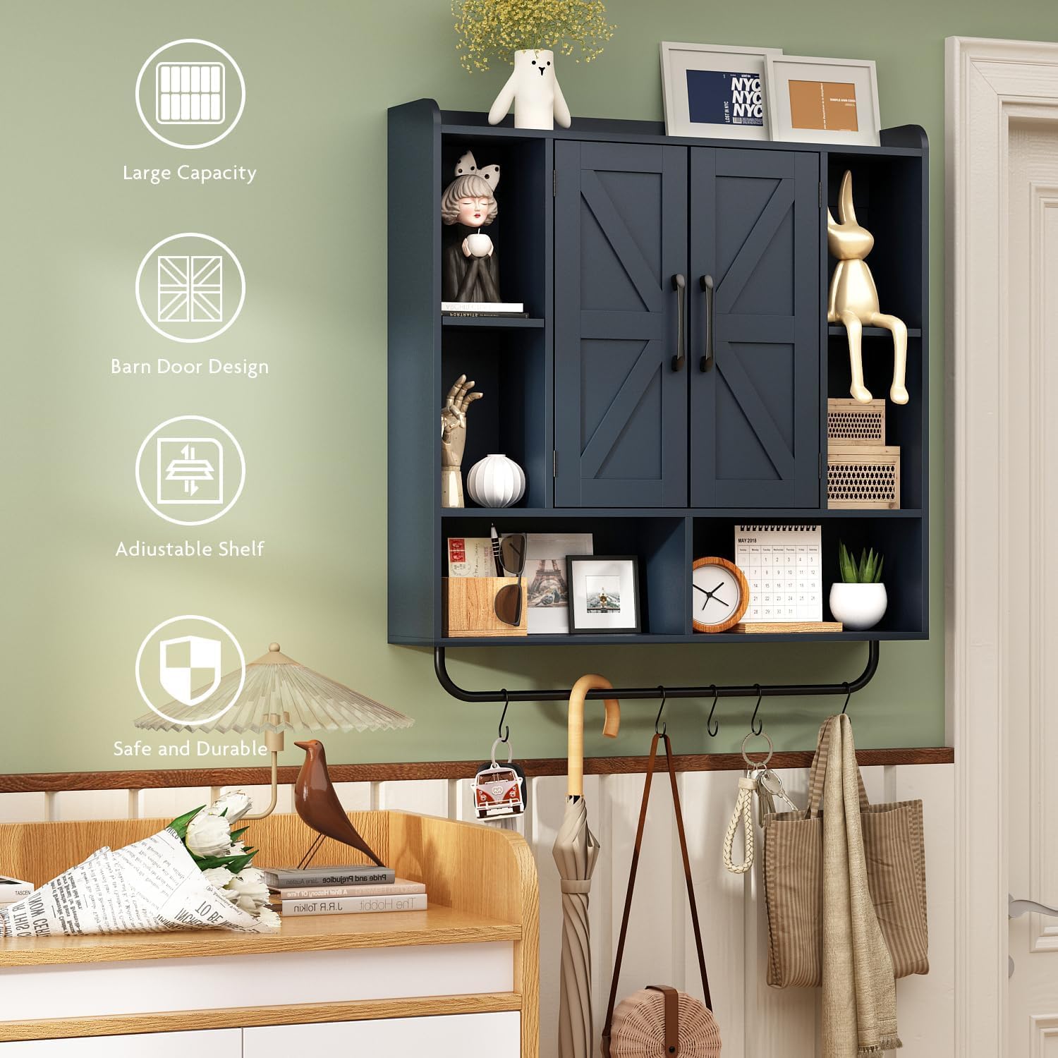 RUSTOWN Rustic Wood Wall Bathroom Cabinet, Farmhouse Medicine Cabinet Wall Mounted, Space Saving Wall Storage Cabinet with 2 Barn Door, 3-Tier Adjustable Shelves and Towel Bar(Navy Blue)