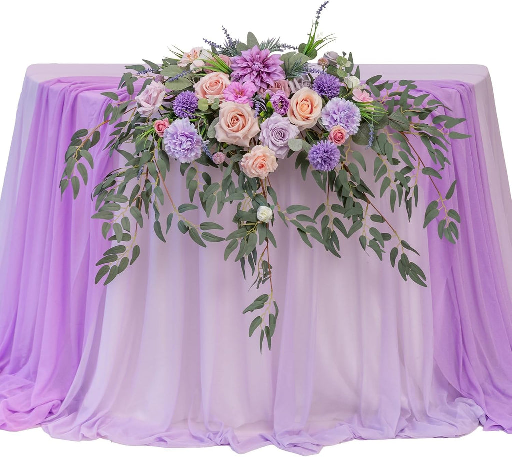 TINGE TIME Artificial Sweetheart Flower Swag with Tablecloth and Table Runner, Pack of 3 Floral Arrangement for Wedding Sweetheart Table Centerpiece Decoration (Violet & Misty Rose)