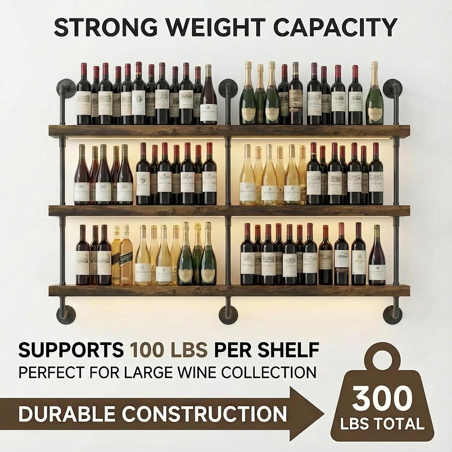 3-Tier Wall Mounted Wine Rack, Industrial Pipe Bar Shelf for Wine Bottle Storage, Industrial Pipe Shelves Shelf Shelving for Home Bar Dining Room Kitchen (47.2' W x 47.2' H)
