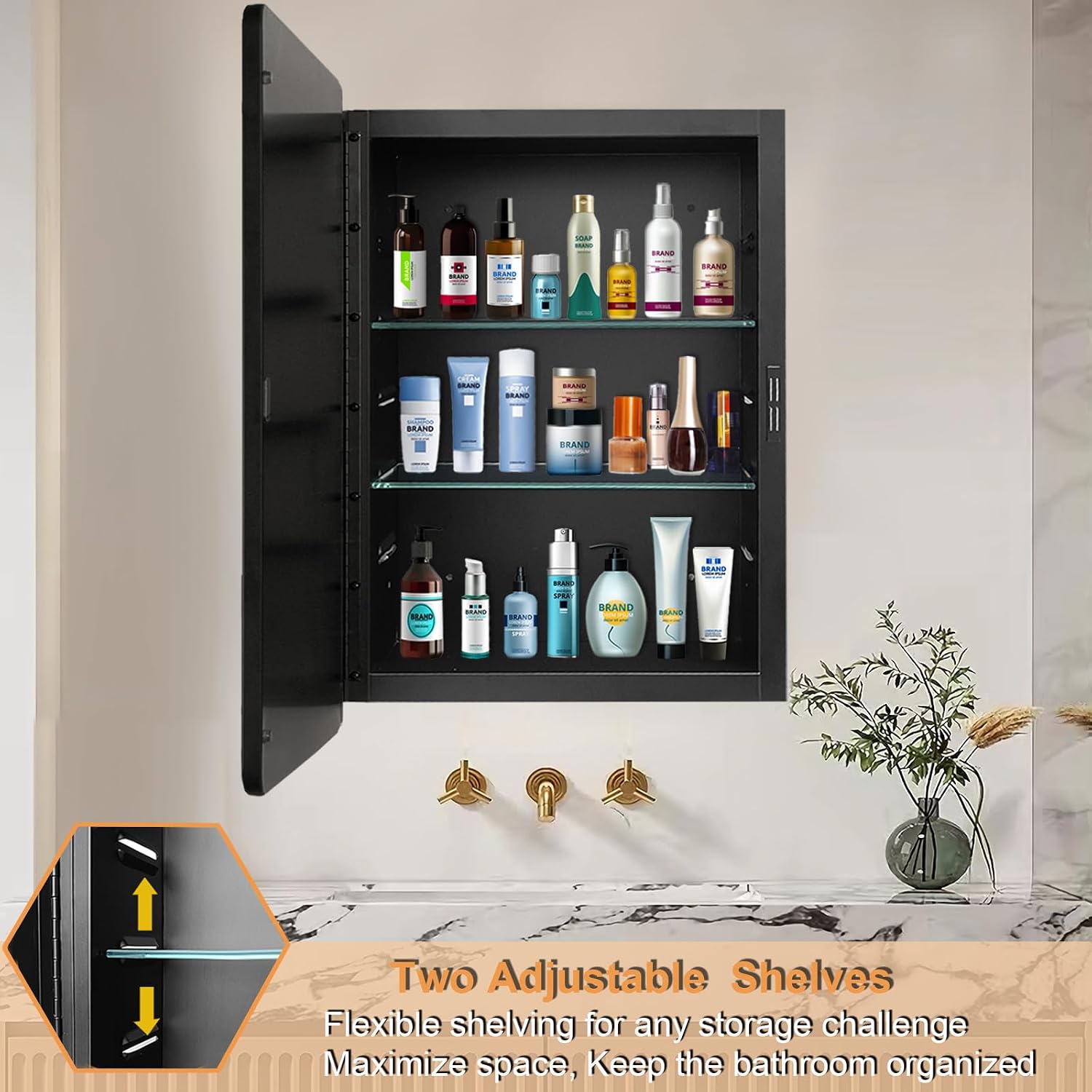 22'x30' Medicine Cabinet Mirror, Black Bathroom Cabinet with Mirror Wall-Mounted or Recessed, Bathroom Vanity Mirror with Storage, Solid Metal Frame, Adjustable Glass Shelves
