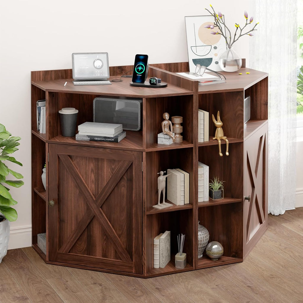 Halitaa Corner Storage Cabinet, Farmhouse Corner Bookshelf with Storage 6-Cubby Wooden Cabinet with USB Ports and Outlets Industrial Organizer for Small Space, Study, Playroom, Living Room, Walnut
