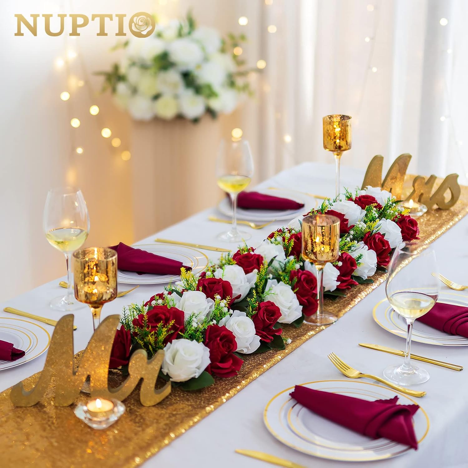NUPTIO Flower Wedding Centerpieces for Tables - 6 Pcs 19.6in Long Burgundy & White Artificial Flower Arrangement for Dining Table Centerpiece- Fake Rose Arrangements for Weddings Birthday Party Decor