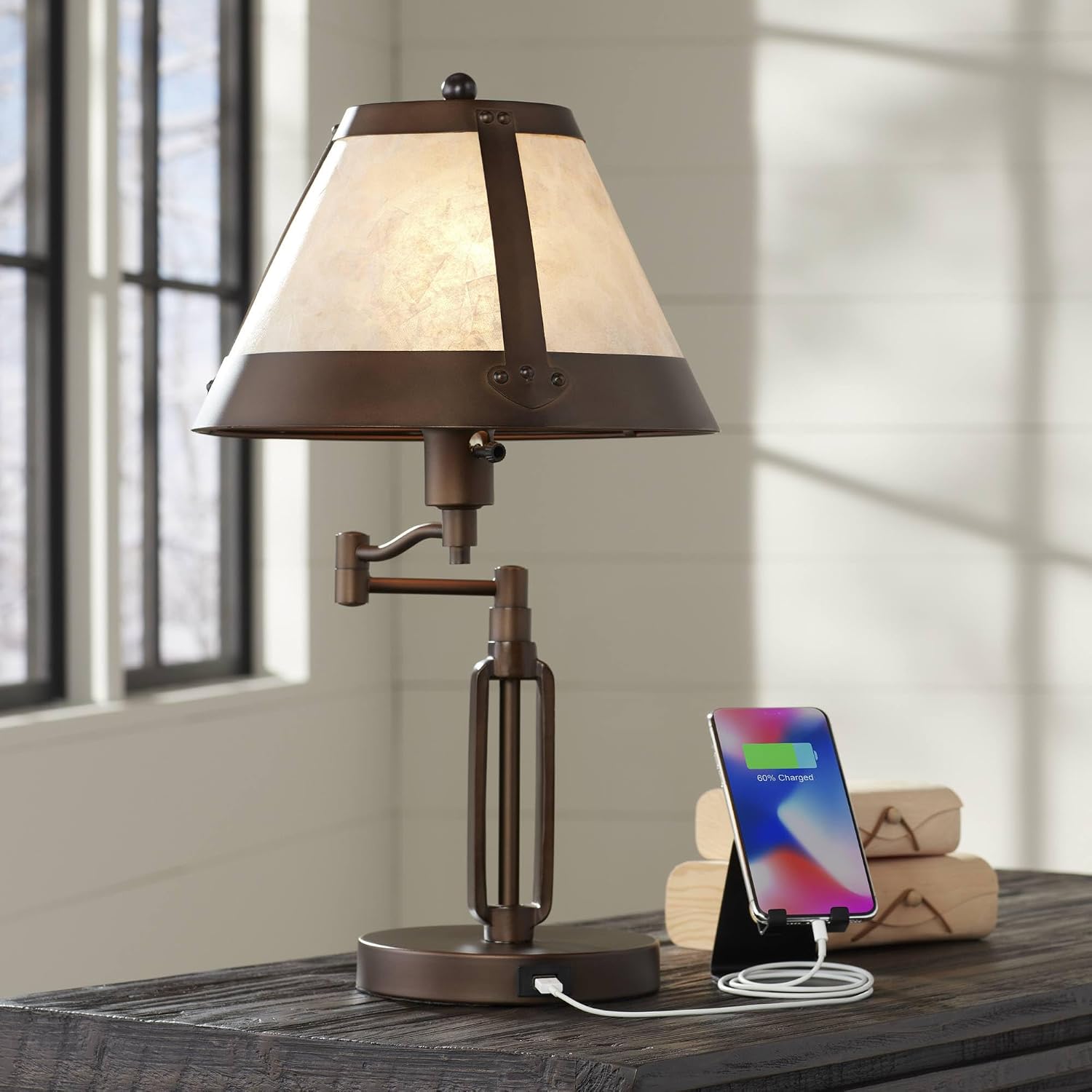 Franklin Iron Works Samuel 21 1/4' High Rustic Swing Arm Accent Table Lamp with USB Ports A+C Charging Bronze Natural Mica Shade for Living Room Bedroom House Bedside Nightstand Home Office Family
