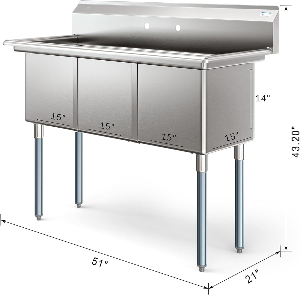 KoolMore 51 in. Three Compartment 18-Gauge Stainless-Steel NSF Commercial Kitchen Sink, Bowl Size 15x15x14, with Three Basins and Pre-Drilled Faucet Holes for Restaurants and Cafes (KM-SC151514-N3)
