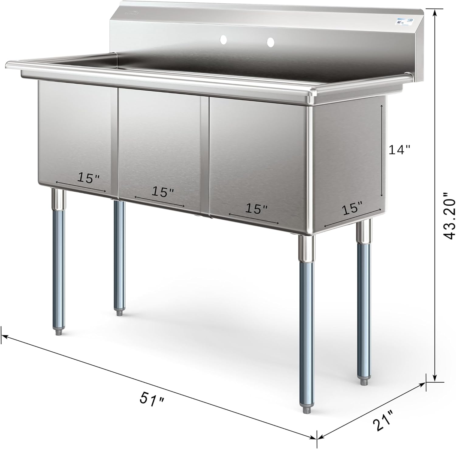 KoolMore 51 in. Three Compartment 18-Gauge Stainless-Steel NSF Commercial Kitchen Sink, Bowl Size 15x15x14, with Three Basins and Pre-Drilled Faucet Holes for Restaurants and Cafes (KM-SC151514-N3)