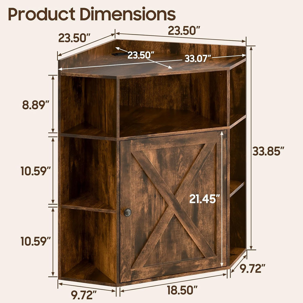 Halitaa Corner Storage Cabinet, Farmhouse Corner Bookshelf with Storage 6-Cubby Wooden Cabinet with USB Ports and Outlets Industrial Organizer for Small Space, Study, Playroom, Living Room