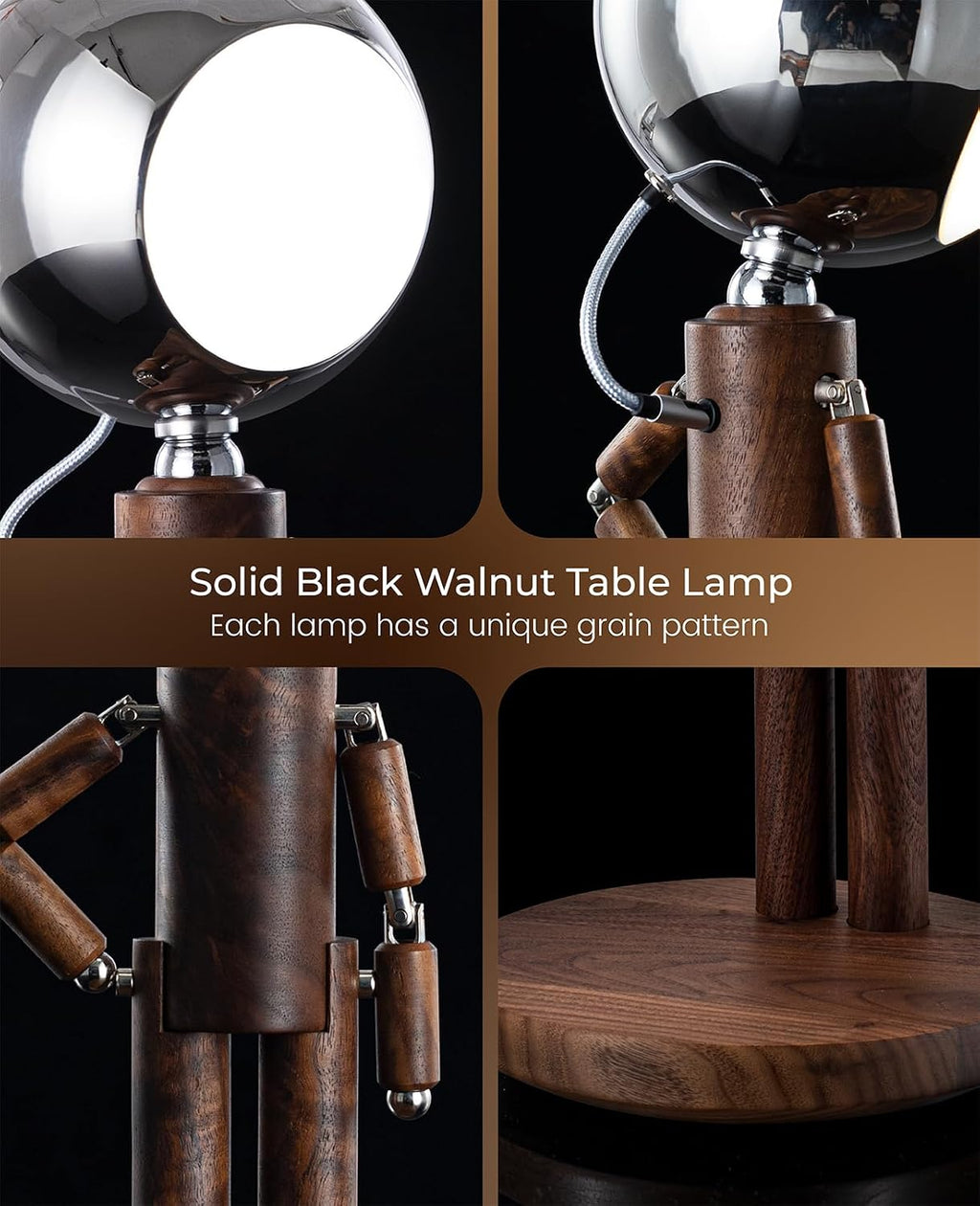 Cordless Table Lamp, Rechargeable Wooden Desk Lamp with Touch Control & Stepless Dimming, 3 Color Temperatures, Bedside Lamp for Bedroom Nightstand Office, Home Decor, Unique Gifts, Black Walnut