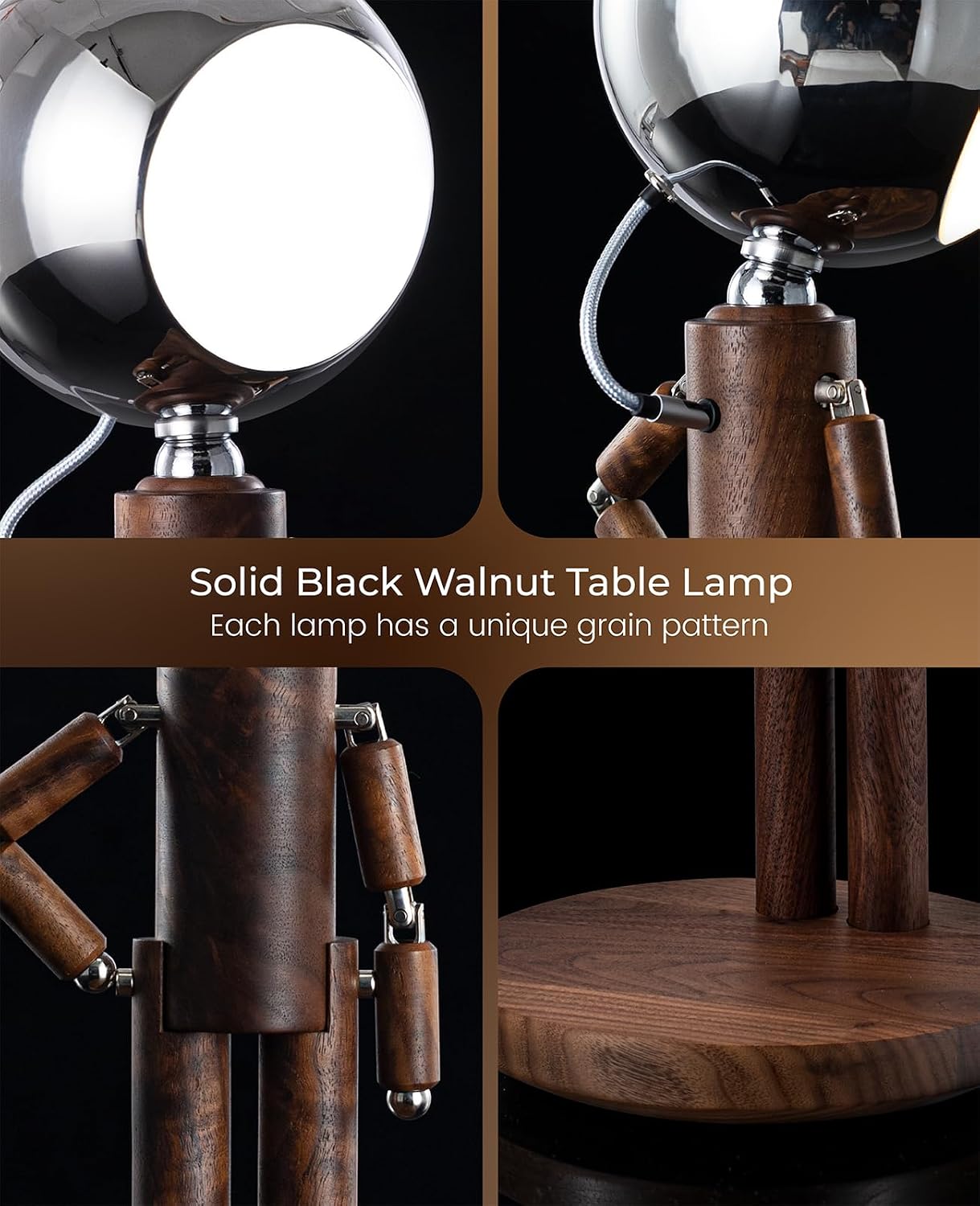 Cordless Table Lamp, Rechargeable Wooden Desk Lamp with Touch Control & Stepless Dimming, 3 Color Temperatures, Bedside Lamp for Bedroom Nightstand Office, Home Decor, Unique Gifts, Black Walnut
