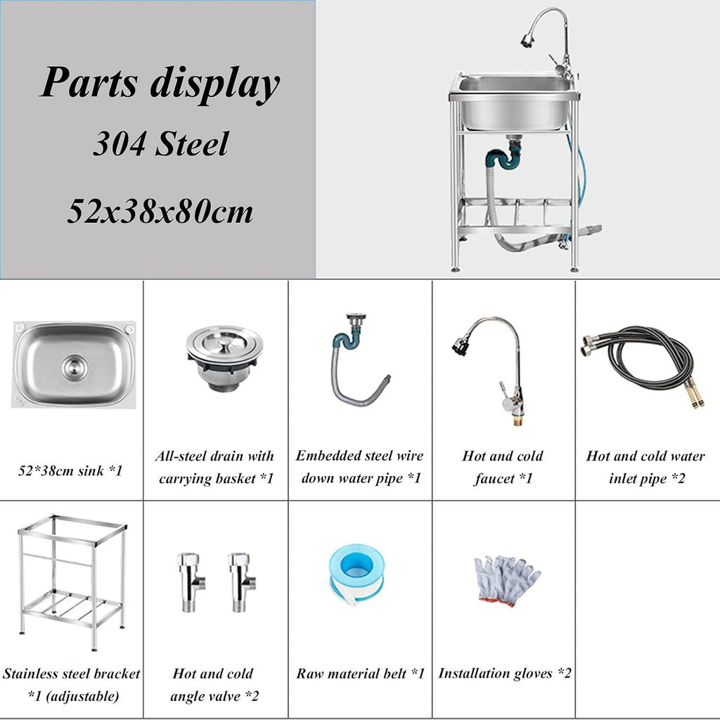 Commercial Stainless Steel Single Bowl Sink Freestanding Kitchen Sink with Faucet and Storage Shelves Restaurant Utility Sink Washing Hand Basin