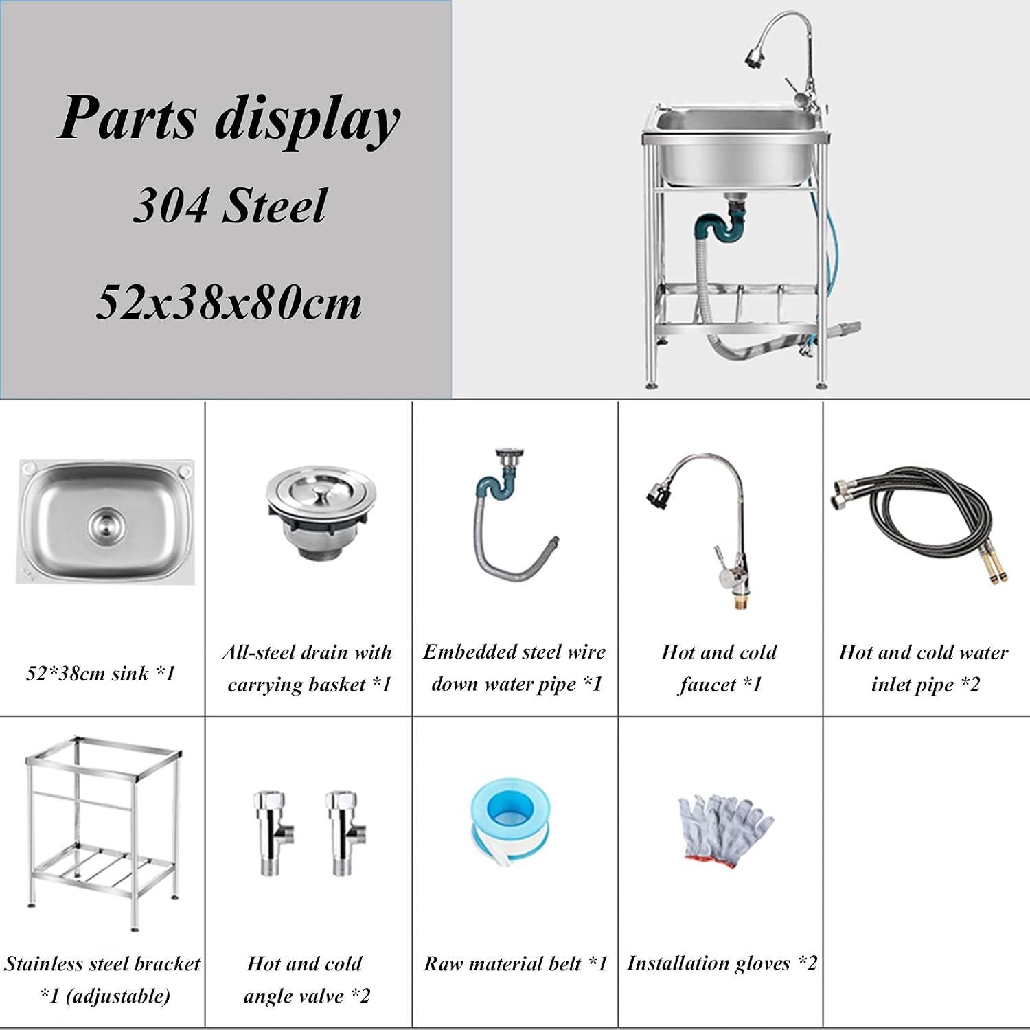 Commercial Stainless Steel Single Bowl Sink Freestanding Kitchen Sink with Faucet and Storage Shelves Restaurant Utility Sink Washing Hand Basin
