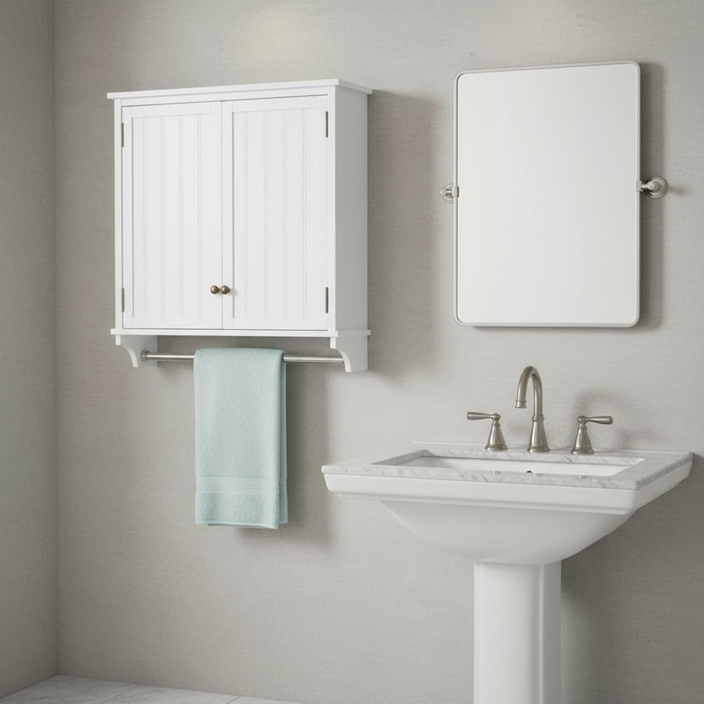 Dover 27' x 29' Wall Mounted Bathroom Storage Cabinet with Shaker Beadboard Doors, Two Adjustable Shelves and a Towel Bar – White Wall Cabinet for Bathroom, Laundry, or Entryway by Alaterre Furniture