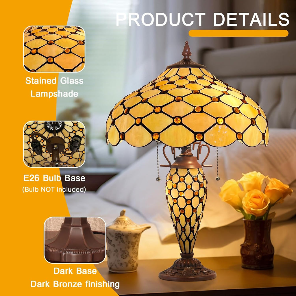 Capulina Tiffany Lamp Stained Glass Table Lamp with Nightlight 16X16X25 Inches Mother-Daughter Vase Amber Beads Tiffany Style Desk Lamp for Home Office Living Room Bedroom Study Room