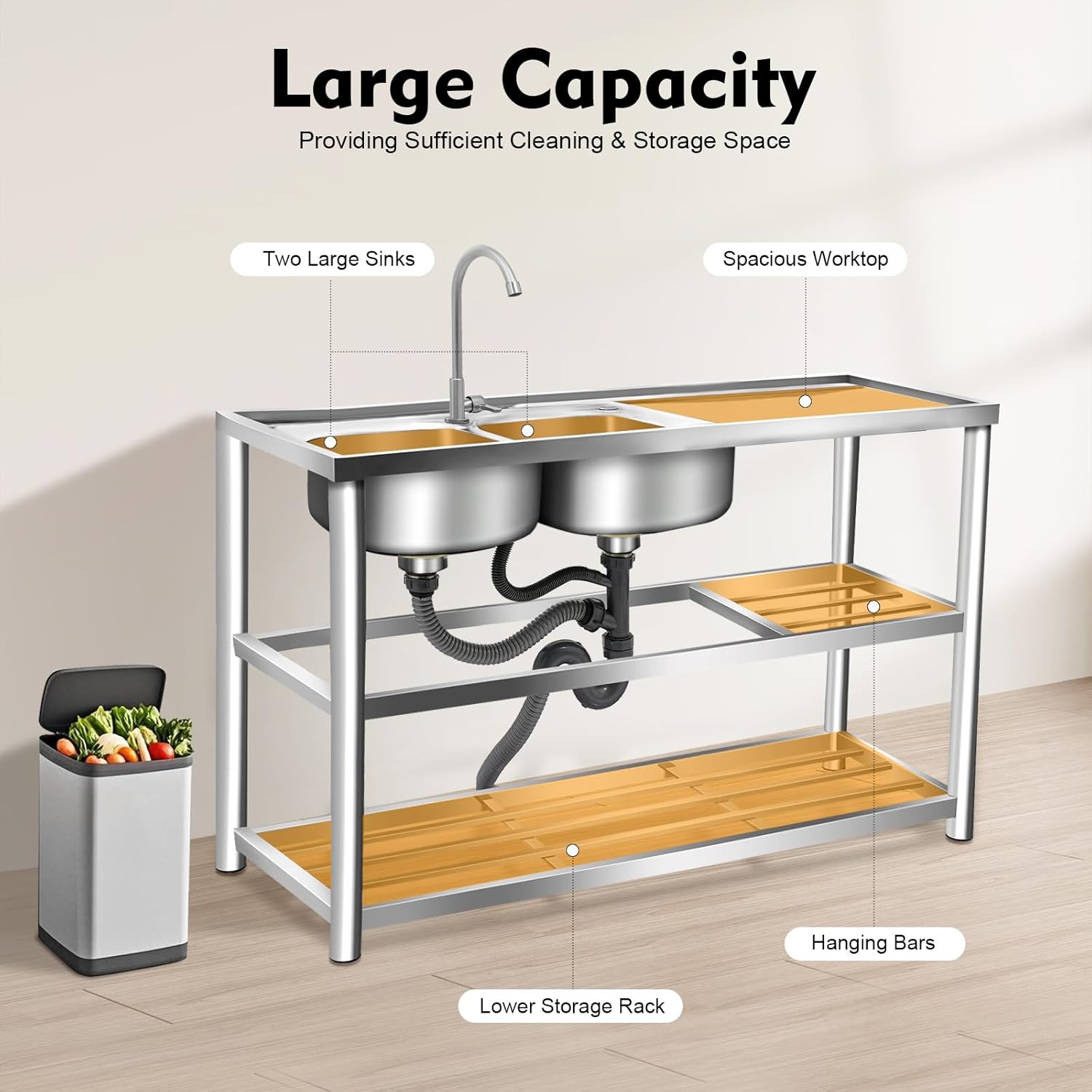 Free Standing Stainless Steel Commercial Sink Set, 47 Inch Double Bowl Utility Sink with Triple Storage Shelves, Worktable, Faucet & Drainboard for Restaurant Kitchen Laundry Garage