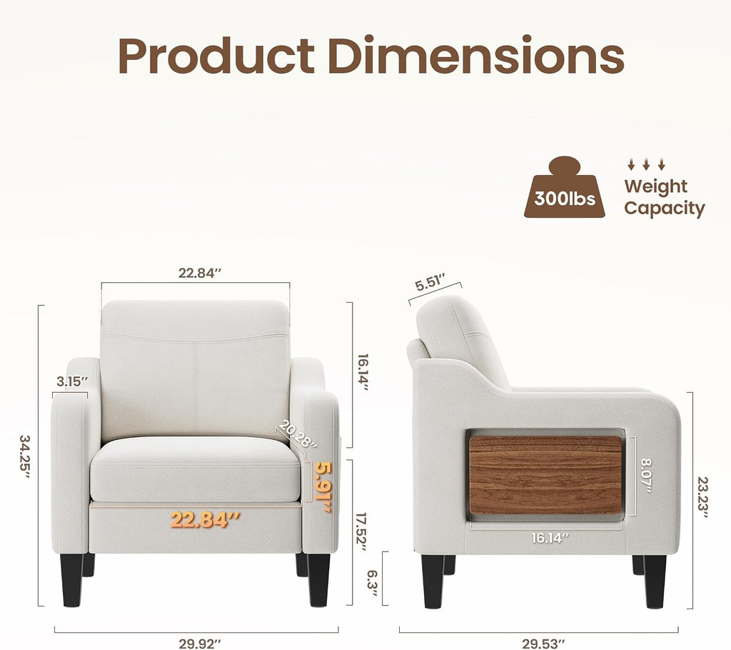 Accent Chair for Living Room Modern Linen Upholstered Armchair Side Wooden Fabric Sofa Chair with Foldable Table 2 Side Pockets Comfy Reading Chair for Bedroom