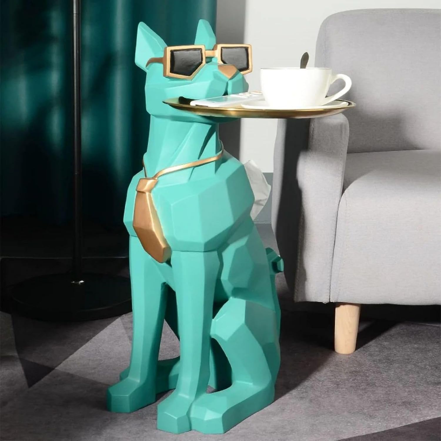 homary Modern Resin Dog Sculpture Geometric Standing Statue Cute Side Table Tray End Table with Tissue Storage (Green)