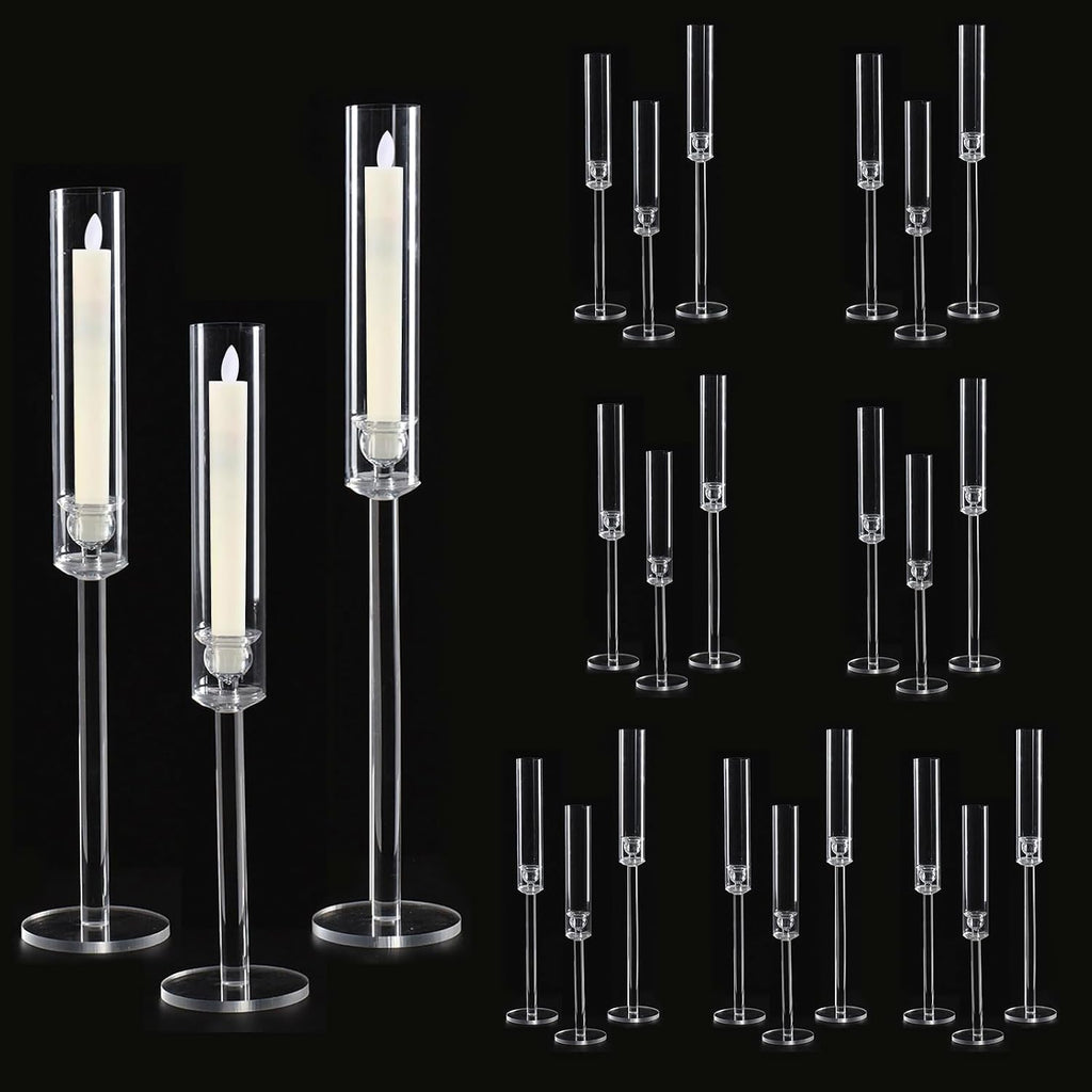 Vincidern 24pcs Taper Candle Holder Acrylic Candlestick Holder Clear Set for Table Centerpiece, Long Candle Stick Candle Stand Cylinder Shade for Wedding Party Dining Room Decor
