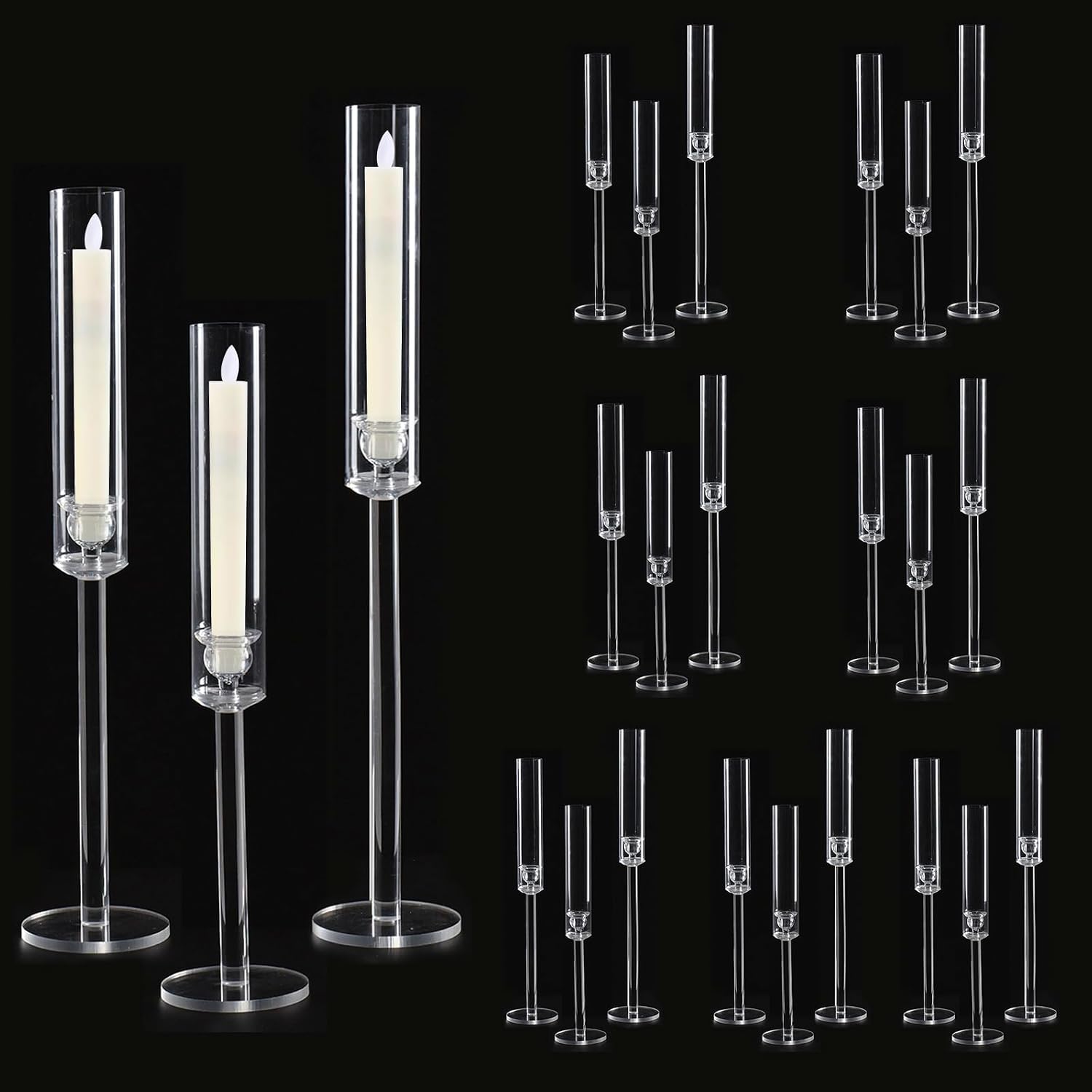 Vincidern 24pcs Taper Candle Holder Acrylic Candlestick Holder Clear Set for Table Centerpiece, Long Candle Stick Candle Stand Cylinder Shade for Wedding Party Dining Room Decor