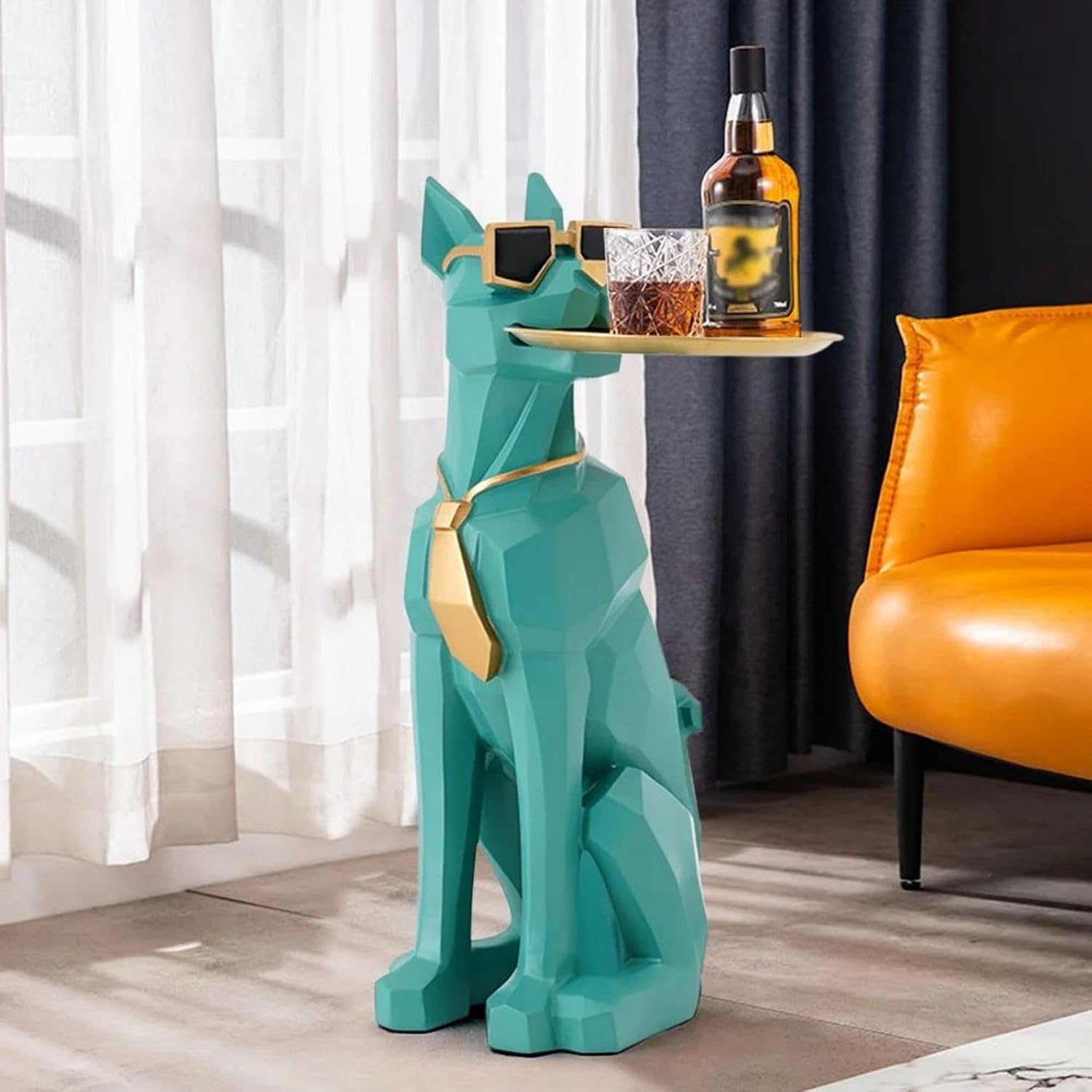 homary Modern Resin Dog Sculpture Geometric Standing Statue Cute Side Table Tray End Table with Tissue Storage (Green)