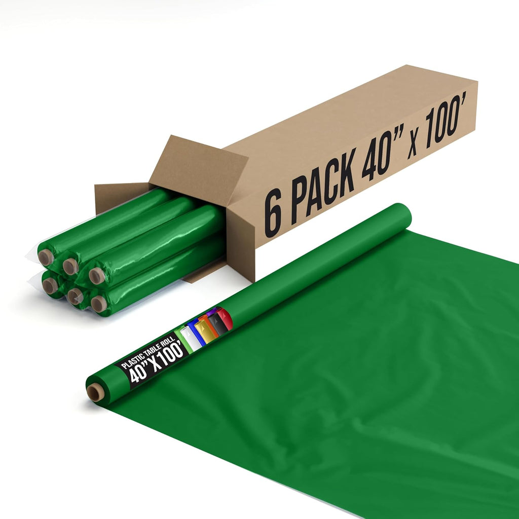 Exquisite Party Solids Emerald Green Plastic Table Cover Roll Pack of 6, 40' X 100' Table Cloth Plastic Cover Roll - Premium Quality Thick 0.5 MIL Banquet Rolls - Disposable Tablecloth Rolls
