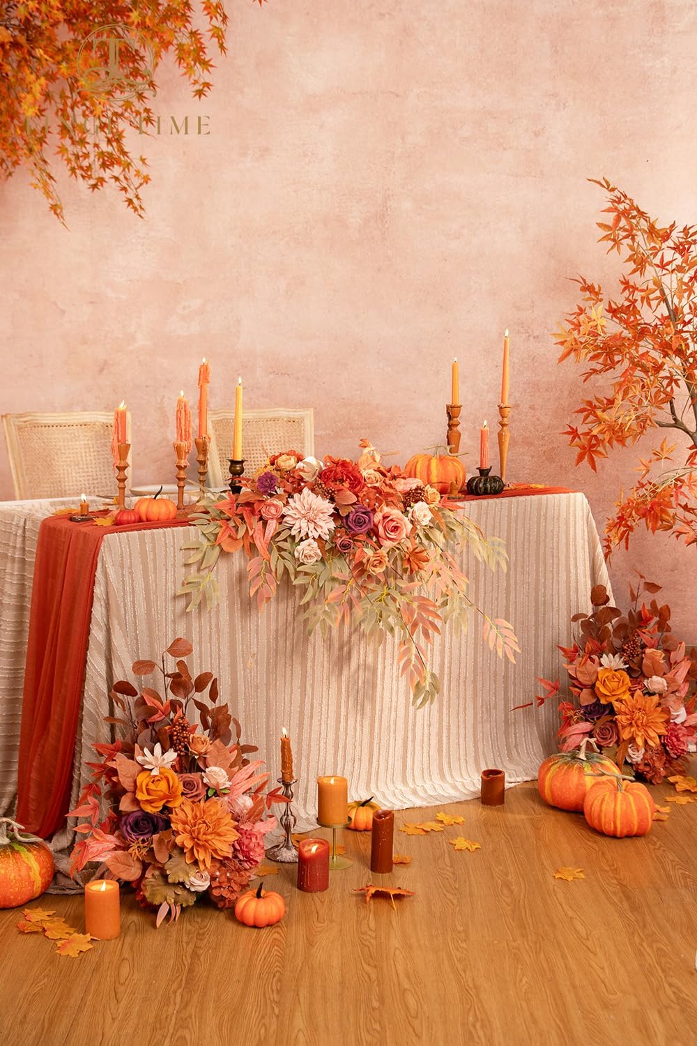 TINGE TIME Artificial Sweetheart Flower Swag with Tablecloth and Table Runner, Pack of 3 Floral Arrangement for Autumn Wedding Sweetheart Table Centerpiece Fall Decoration (Maple Red)