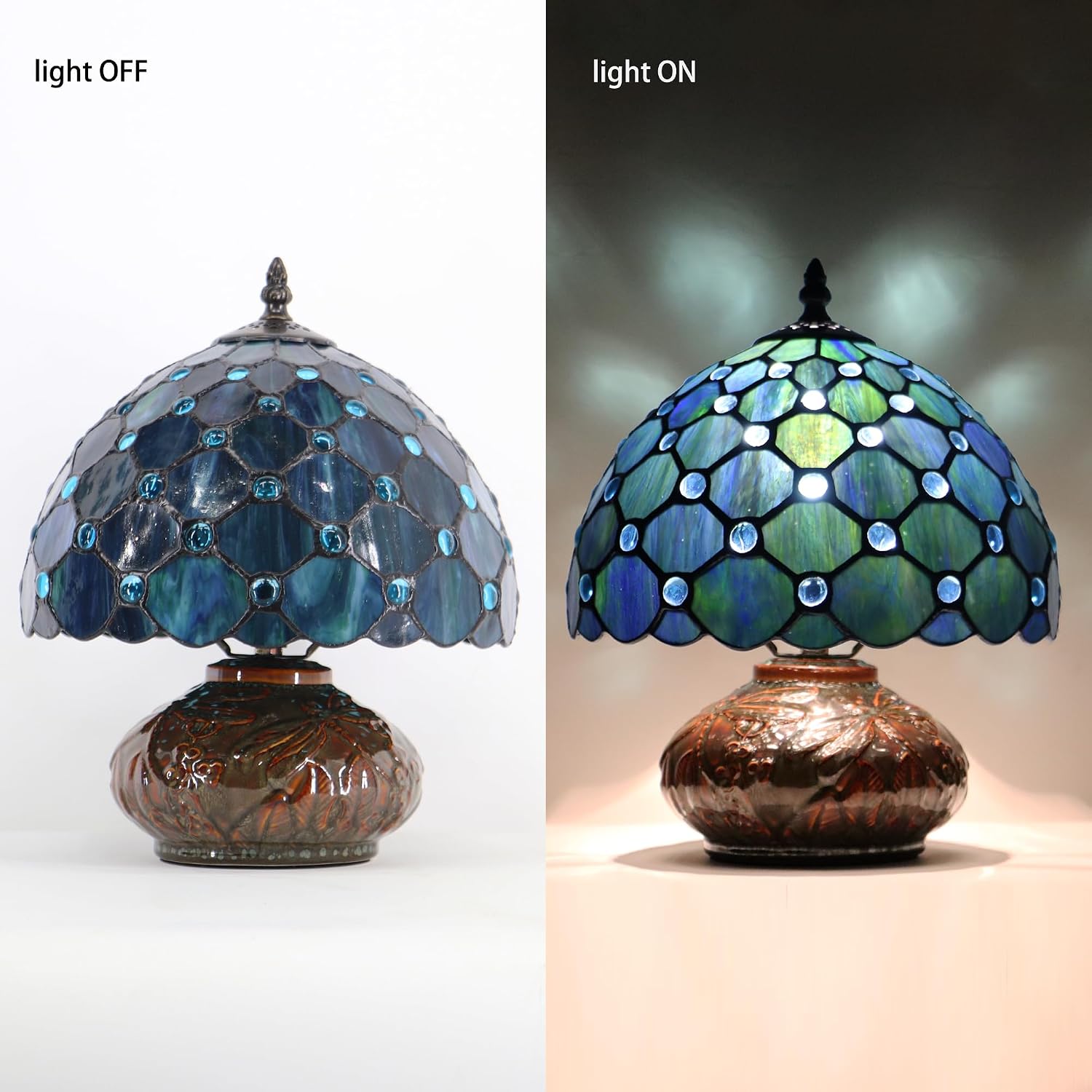 Small Tiffany Table Lamp, 10X10X11 Inch Mini Stained Glass Mushroom Desk Light Memory Sympathy Ceramic lamp (Sea Blue Pearl Style)