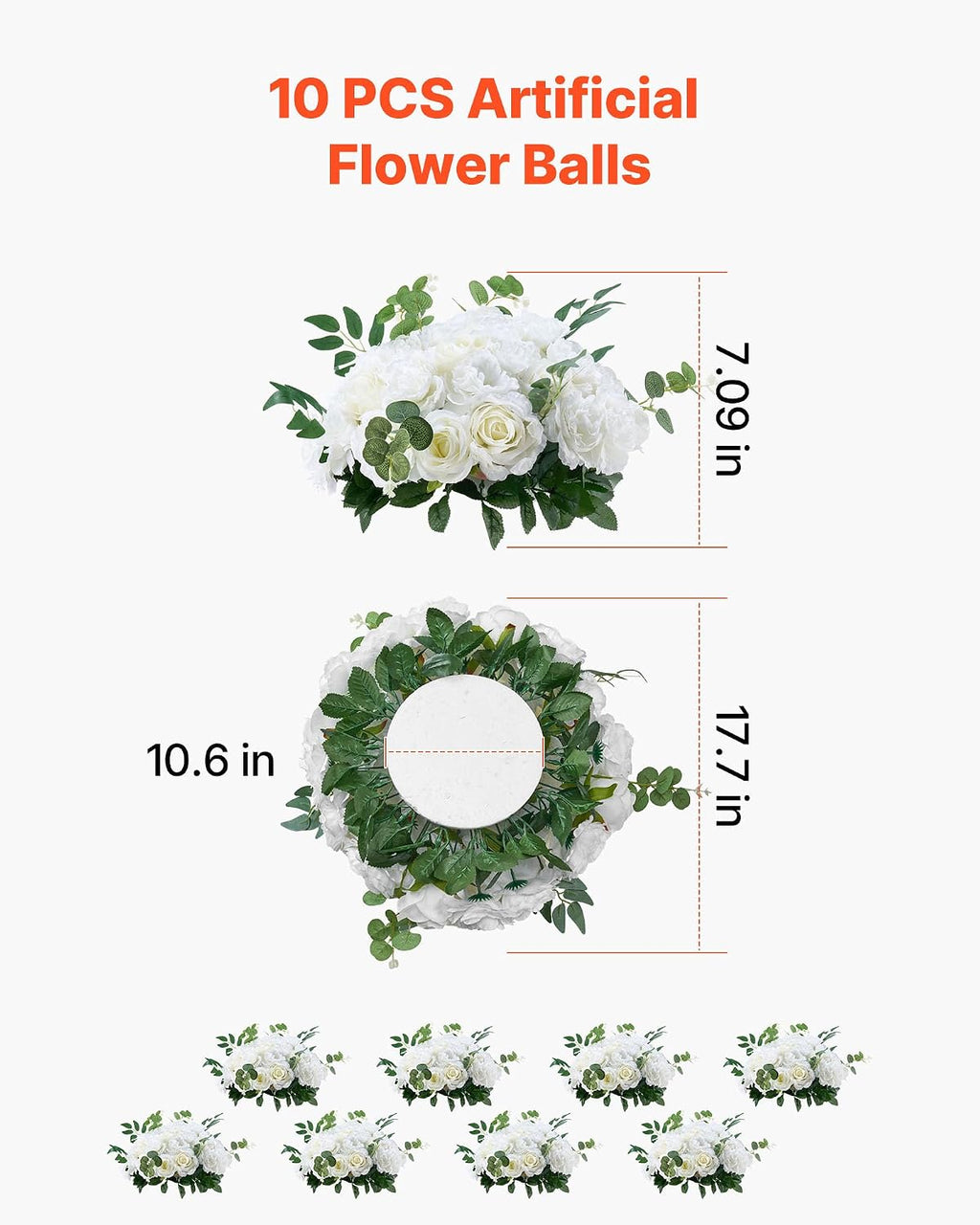 VEVOR Flower Balls Arrangement Bouquet 10 PCS, 17.7-Inch Max Diameter Artificial Flower Balls Wedding White Roses Centerpieces, Faux Flowers Arrangements for Wedding Centerpiece Home Table Decorations