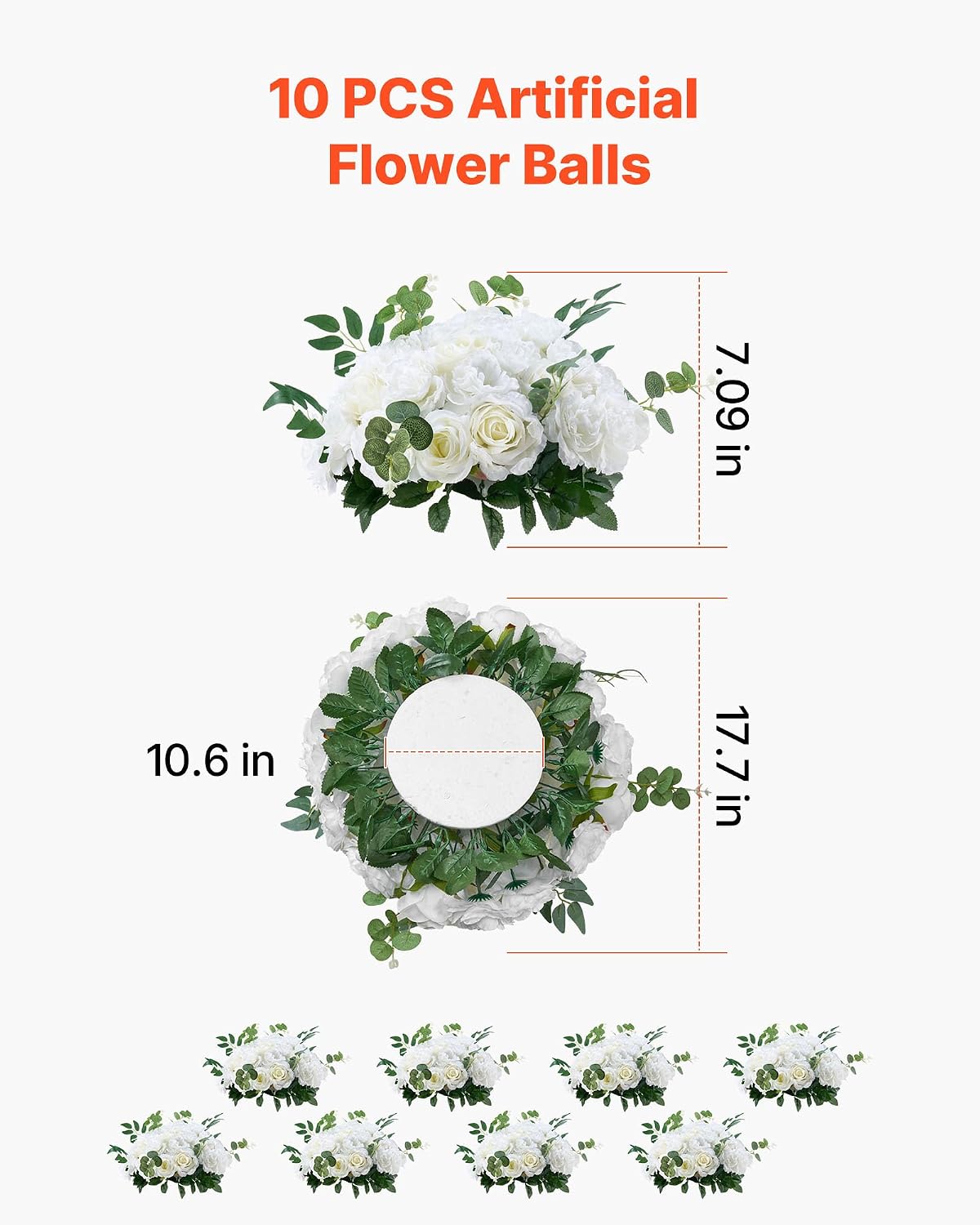 VEVOR Flower Balls Arrangement Bouquet 10 PCS, 17.7-Inch Max Diameter Artificial Flower Balls Wedding White Roses Centerpieces, Faux Flowers Arrangements for Wedding Centerpiece Home Table Decorations