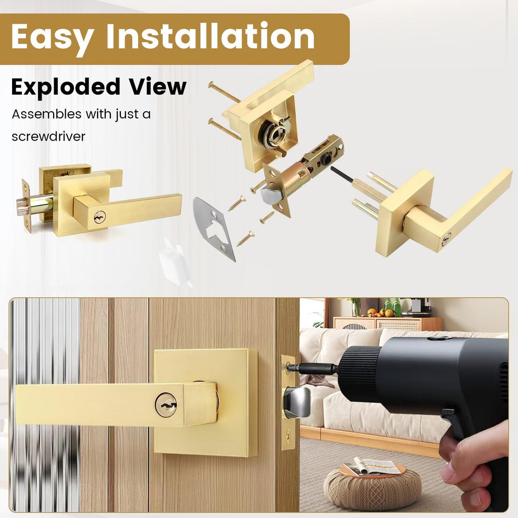 Boisouey Door Knobs with Lock and Key, 6 Pack Brushed Gold Interior Door Handles for Bedroom Bathroom Front Entry Door, Keyed Entry Locking Door Knob with 3 Keys for Home Security