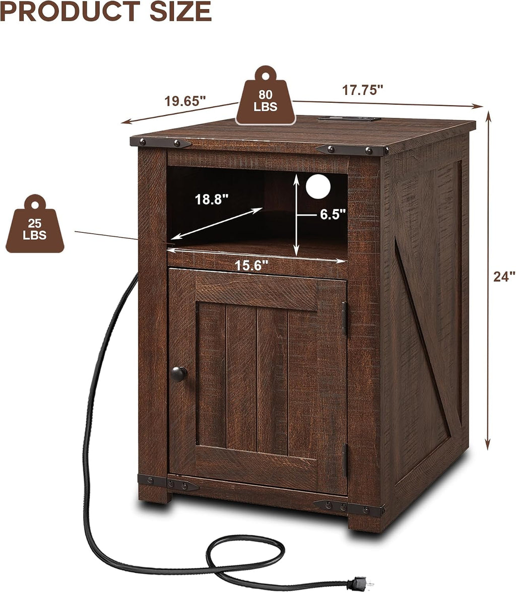 IFGET Nightstand with Charging Station, 20' Farmhouse End Table w/Groove Barn Door, Rustic Wood Sofa Side Bedside Table w/Open & Adjustable Shlef for Bedroom, Living Room, Brown
