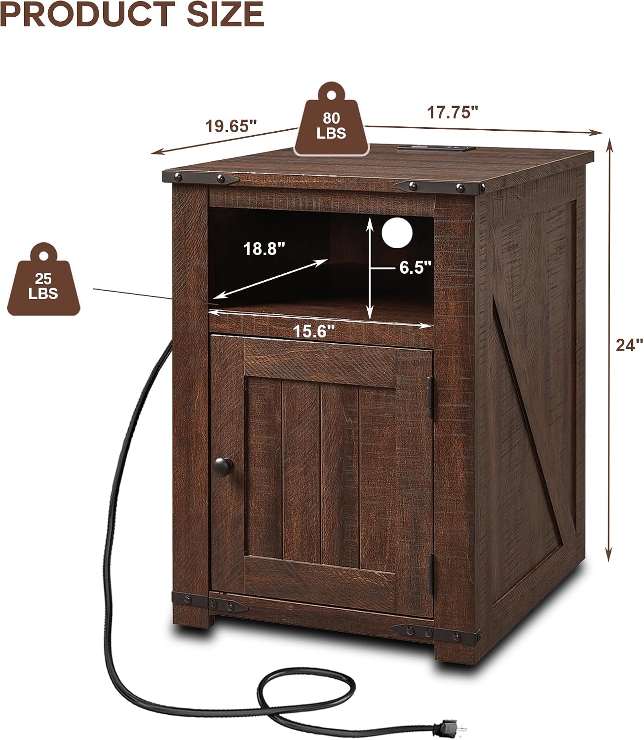 IFGET Nightstand with Charging Station, 20' Farmhouse End Table w/Groove Barn Door, Rustic Wood Sofa Side Bedside Table w/Open & Adjustable Shlef for Bedroom, Living Room, Brown