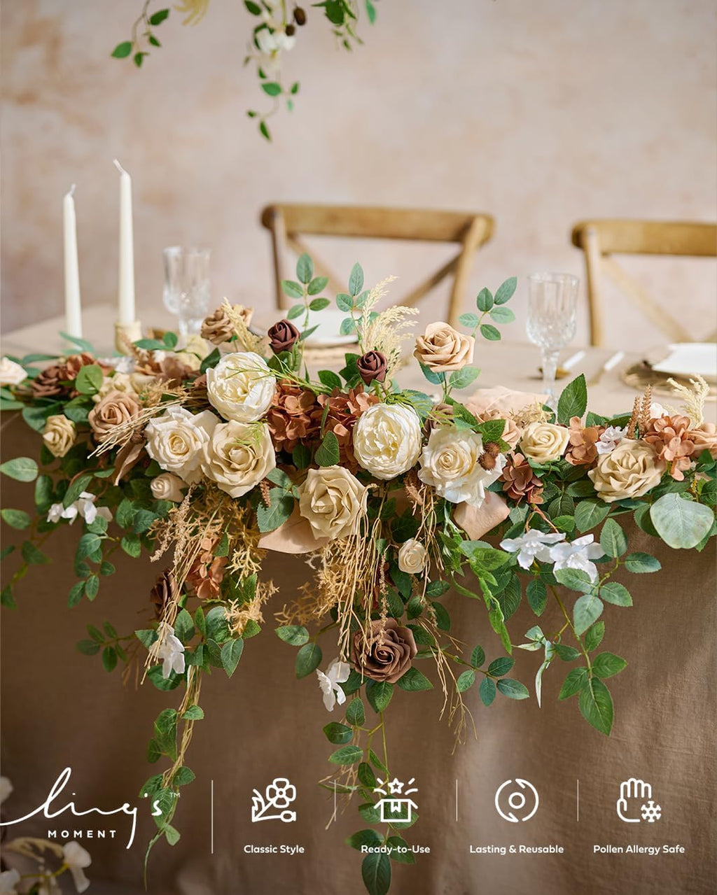 Ling's moment 9FT Spring Flower Garland for Backdrop Decorations - Wedding Arch Flowers, Eucalyptus & Rose, Artificial Floral Garland for Mantel - Sweetheart Table Decor for Reception, Beige Brown