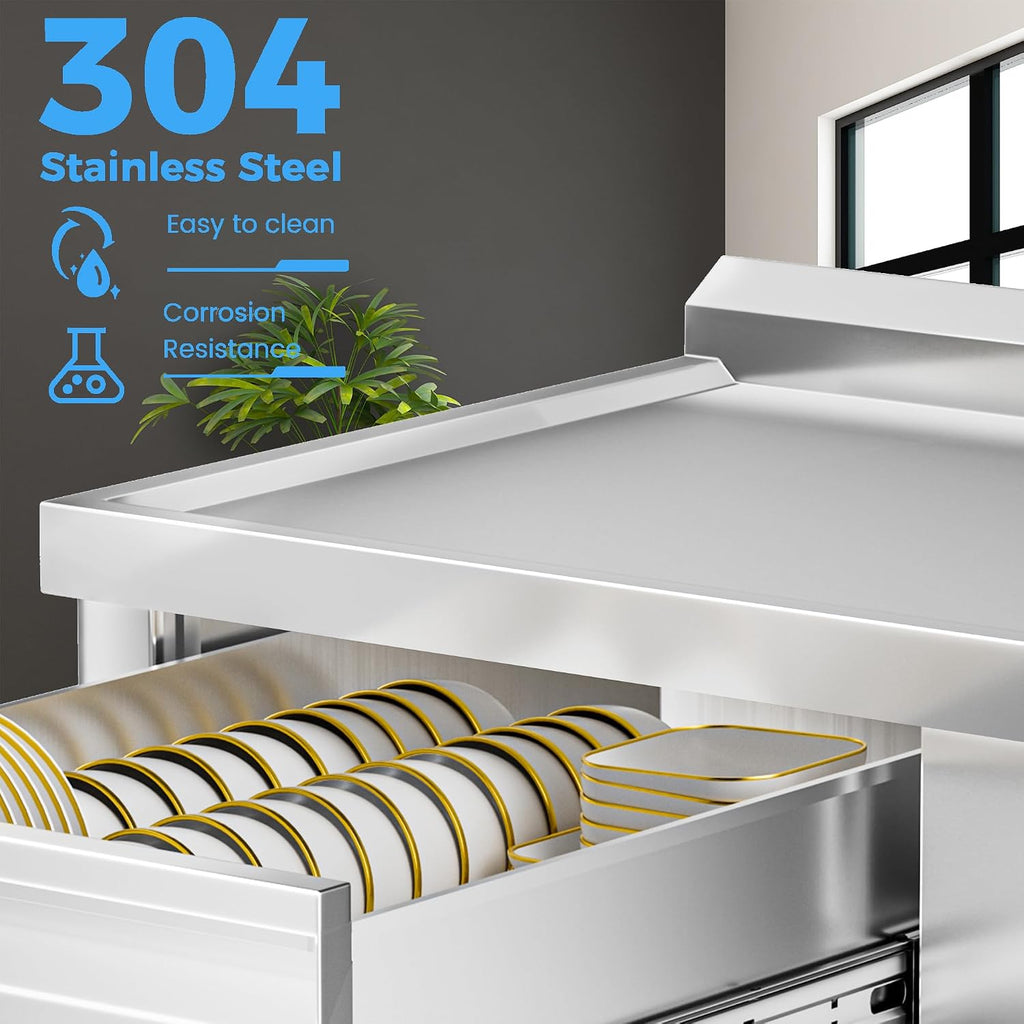304 Stainless Steel Utility Sink – Free Standing Single Bowl with Workbench, Storage Drawer & Faucet, Hot and Cold Water Pipes for Laundry Room, Farmhouse, Outdoor Use (Left Drawer 47'' Sink)