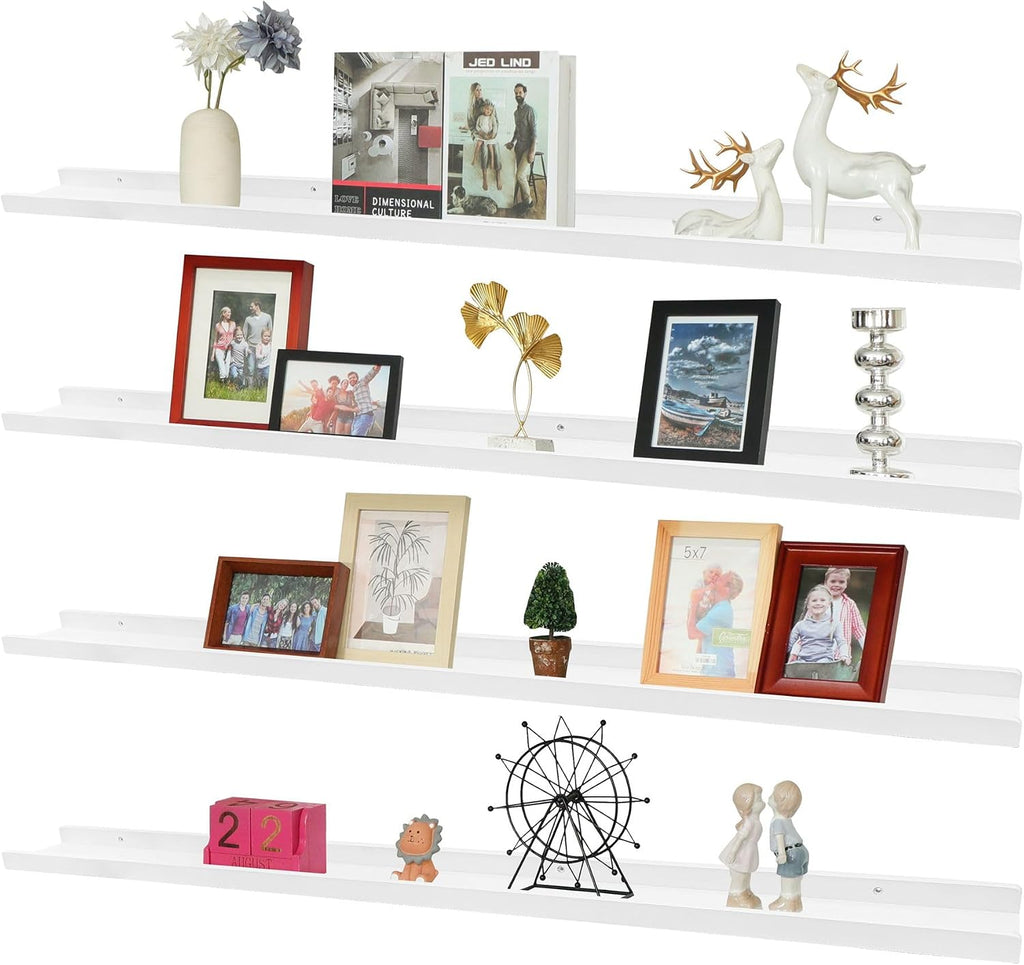 PHOENANCEE Long Floating Shelves for Wall 57 Inch,Real Wood Picture Ledge with Lip Set of 4,Photo Frame Storage Display for Living Room Nursery Bedroom Bathroom Kitchen Home Office Decor (White)