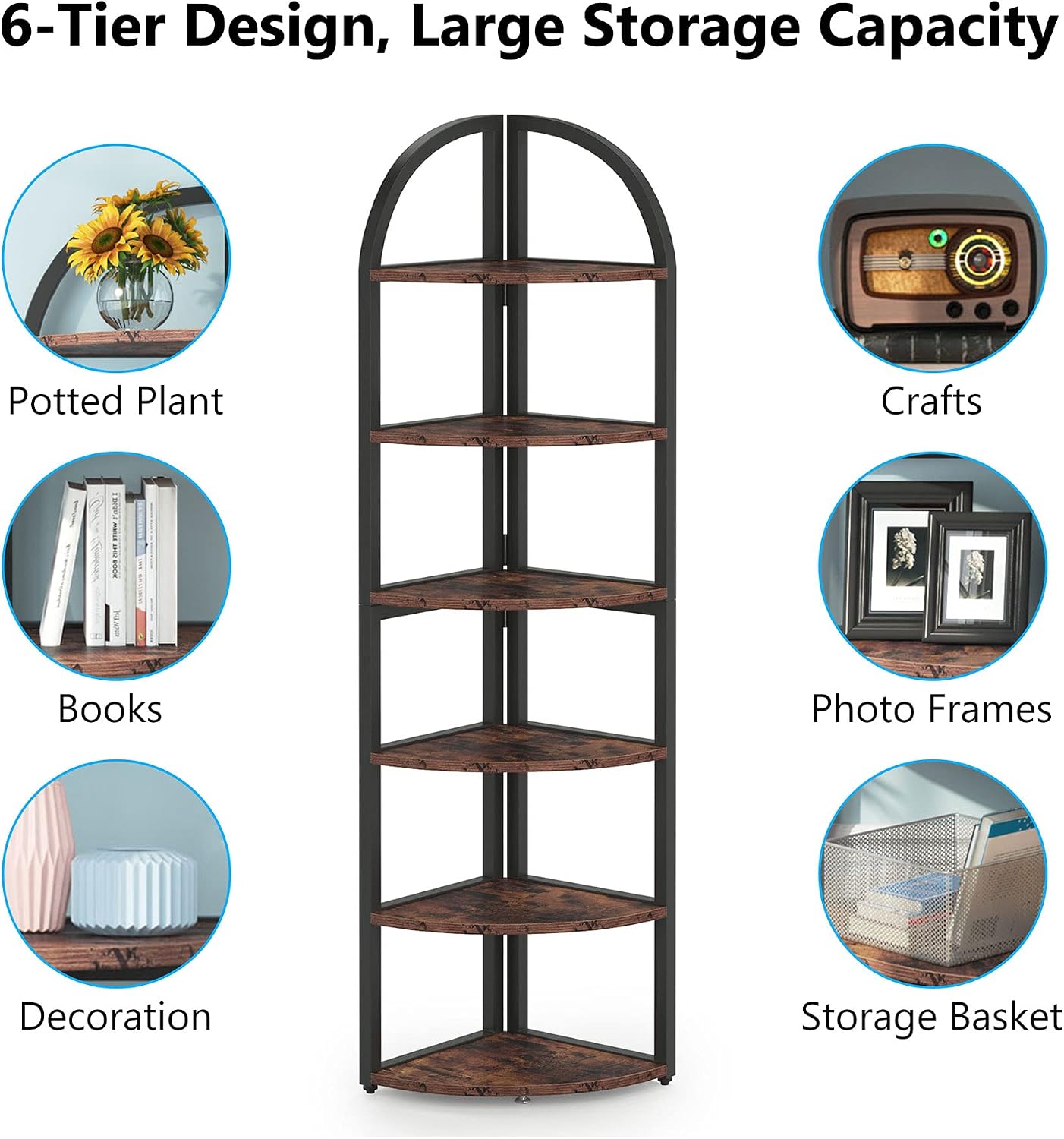 LITTLE TREE 6-Tier Corner Shelf Stand, Freestanding Corner Bookshelf with Adjustable Feet, Rustic Brown Storage Rack for Living Room, Kitchen, Bedroom, Office