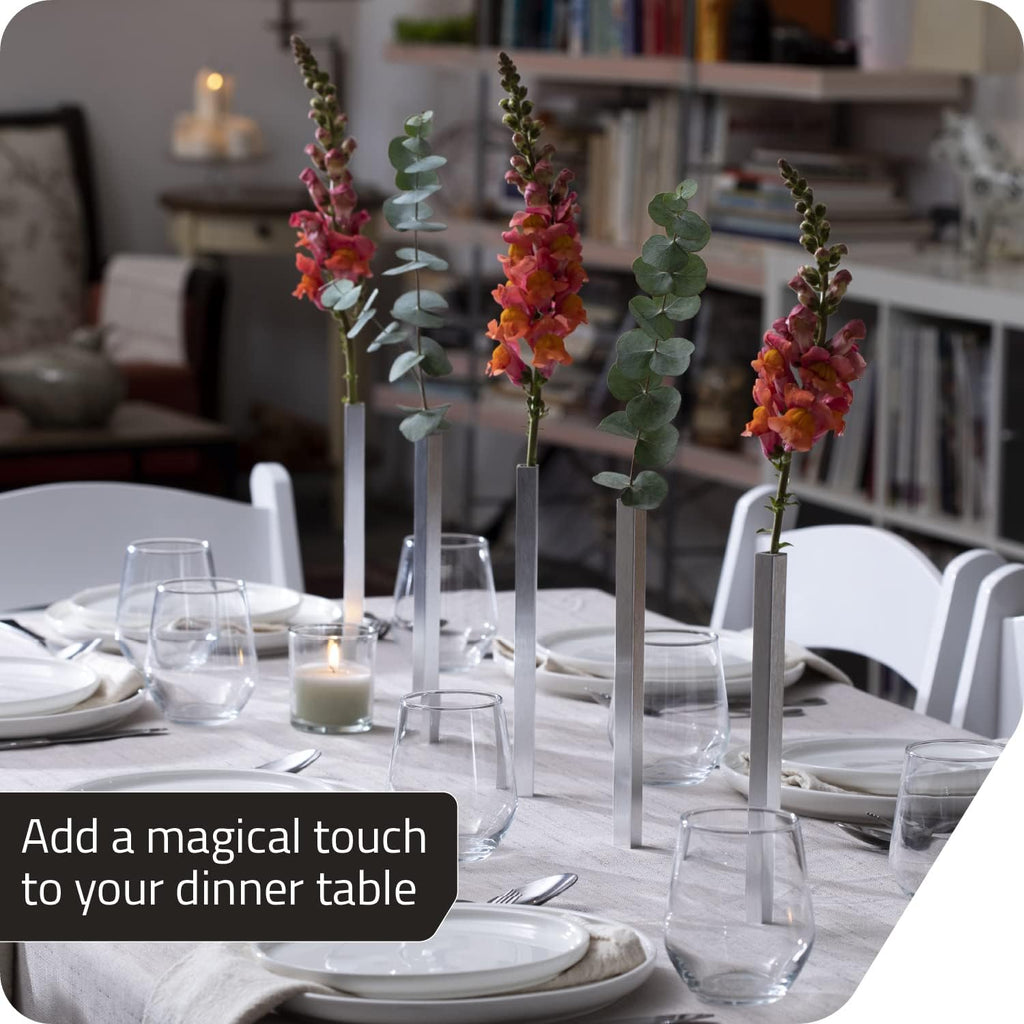 PELEG DESIGN Magnetic Bud Vase Set (Silver) - Unique Home Decor Gift & Modern Table Centerpiece - 20 Aluminum Single Stem Vases - 9.4' Tall Gravity Defying Decor