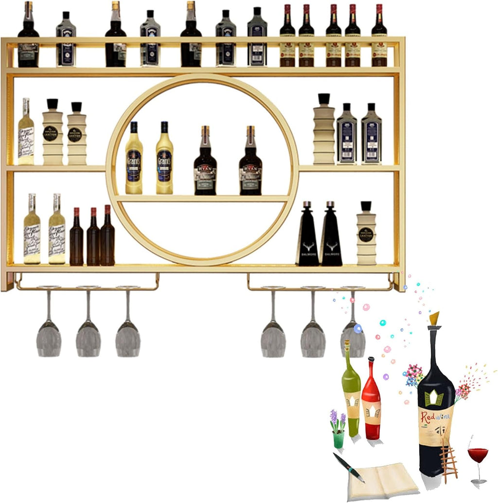Wall Wine Rack with LED Light Bar Shelves Liquor Bottle Display Shelf Wall Mounted with Hanging Wine Glass Holder Rack Floating Bar Cabinet for Home Bar Dining Room Cafe Kitchen