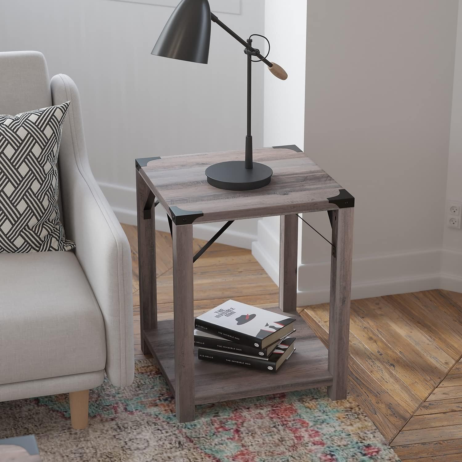 Flash Furniture Wyatt Modern Farmhouse 2 Tier Side Table - Gray Wash Engineered Wood Frame - Black Metal Crisscross Side Braces and Corner Accents