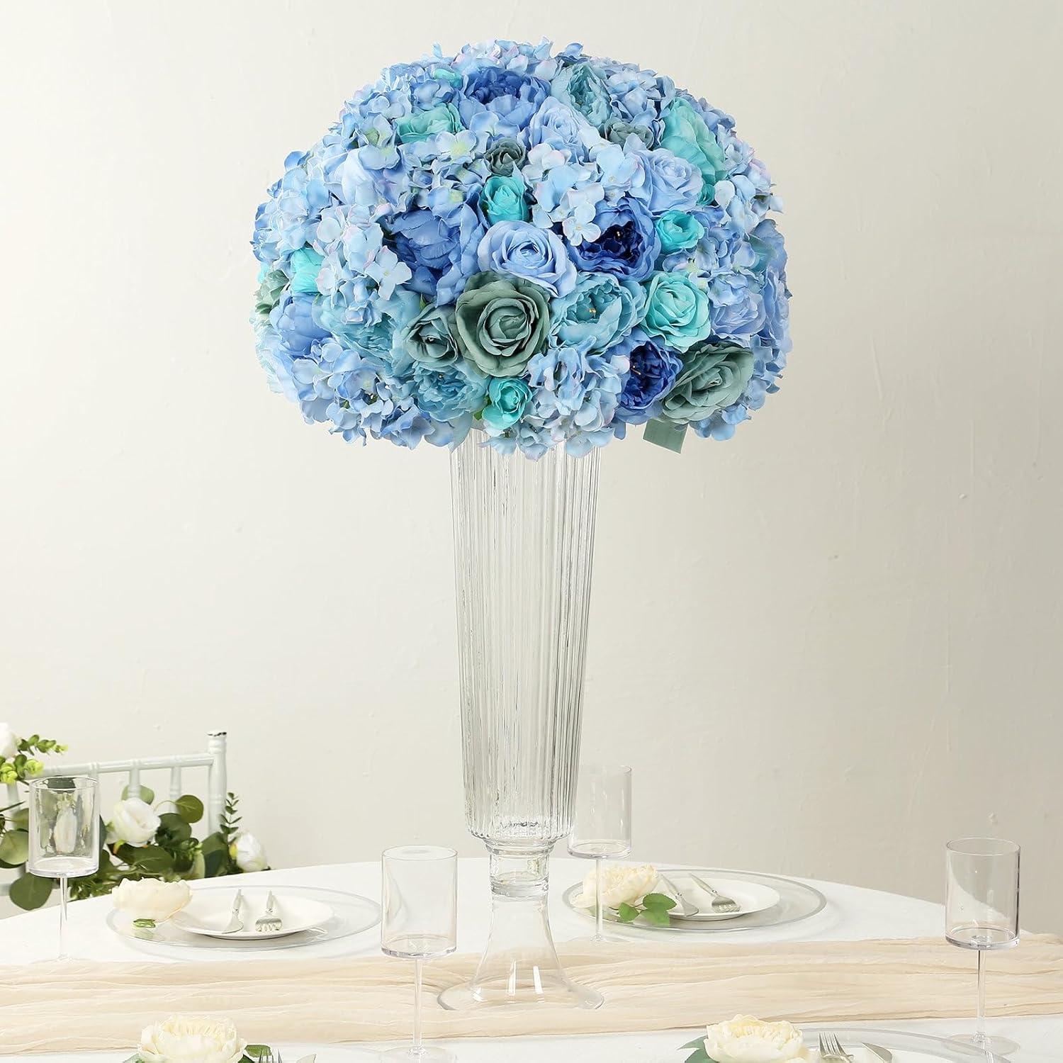 Efavormart 20 inch Blue Pre-Arranged Artificial Rose Flower Ball, Large High-Density Silk Rose Centerpiece Arrangement for Wedding Staging and Floor Vases