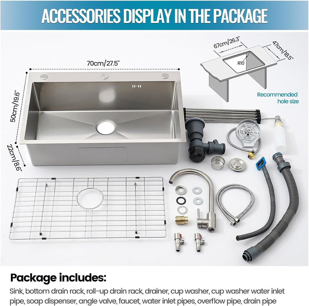Large Kitchen Sink, With Drain Kits, 304 Stainless Steel, Heavy Duty Kitchen Bar Sink, Single Bowl Sink, For Drop In, Undermount(A,70x50x22cm)