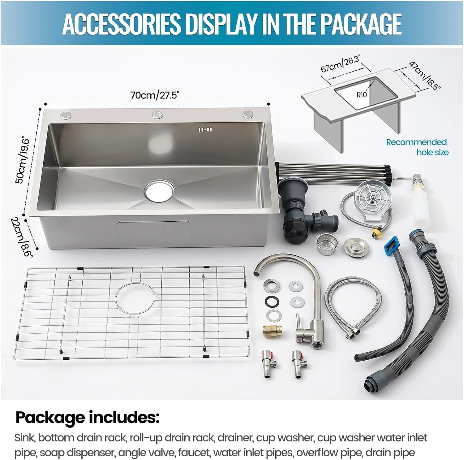 Large Kitchen Sink, With Drain Kits, 304 Stainless Steel, Heavy Duty Kitchen Bar Sink, Single Bowl Sink, For Drop In, Undermount(A,70x50x22cm)