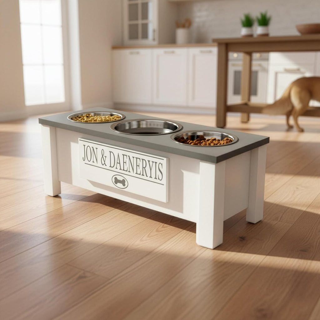 GTW Elevated Dog Bowl Stand for Medium Dogs - Customized Feeding Station with Storage & Stainless Steel Food Bowls (Medium, Grey)